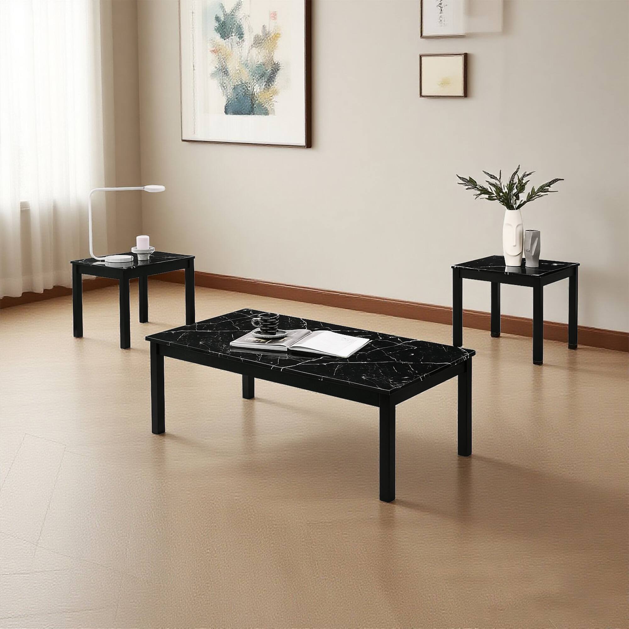 Left. Vaczon - 3-Piece Faux Marble Coffee Table Set, 1 Coffee Table and 2 End Tables with Solid Rubberwood Legs for Living Room - Black.