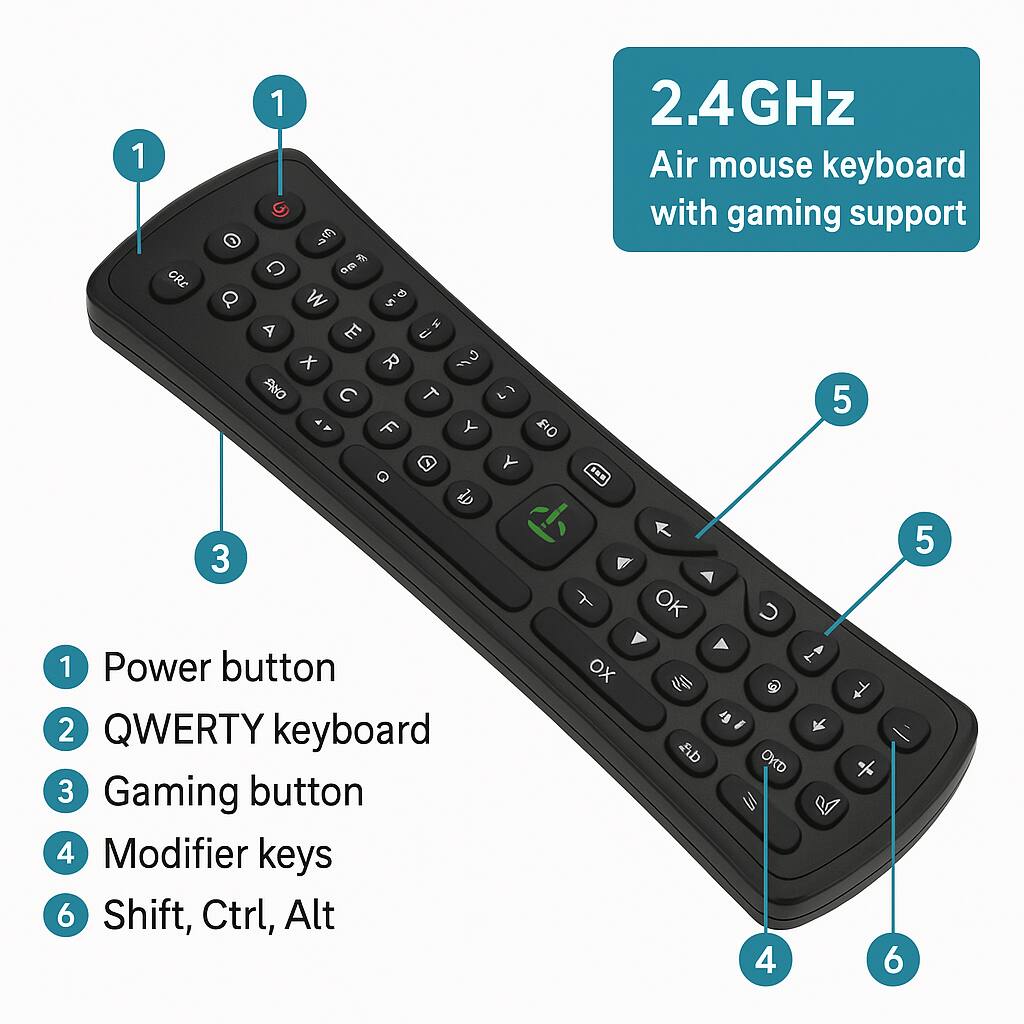 1. Power button
2. QWERTY keyboard
3. Gaming button
4. Modifier keys
6. Shift, Ctrl, Alt
2.4GHz Air mouse keyboard with gaming support