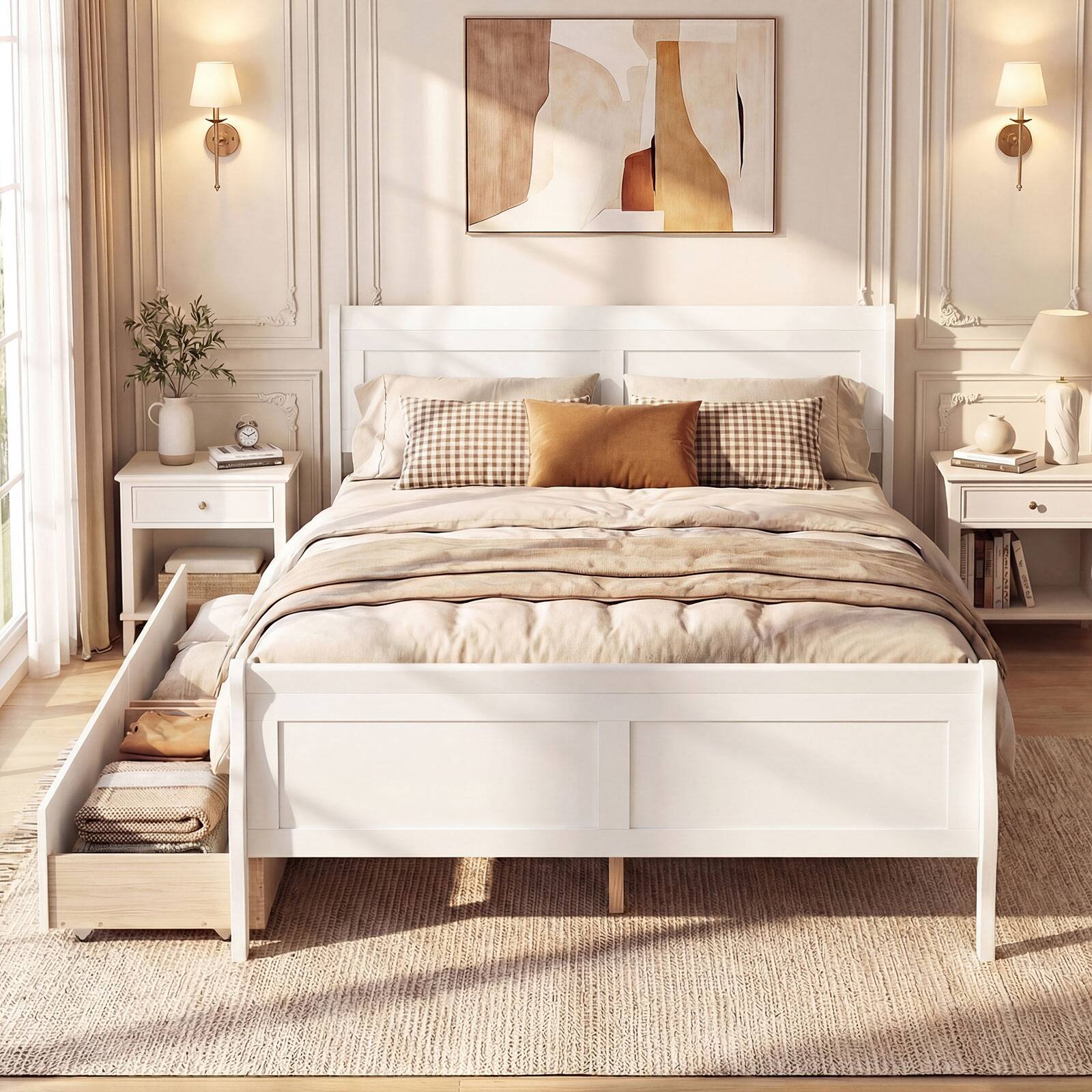 Alt View 3. Costway - Costway Full Size Bed Frame with Storage Drawers, Wood Platform Bed with Headboard Footboard - White.