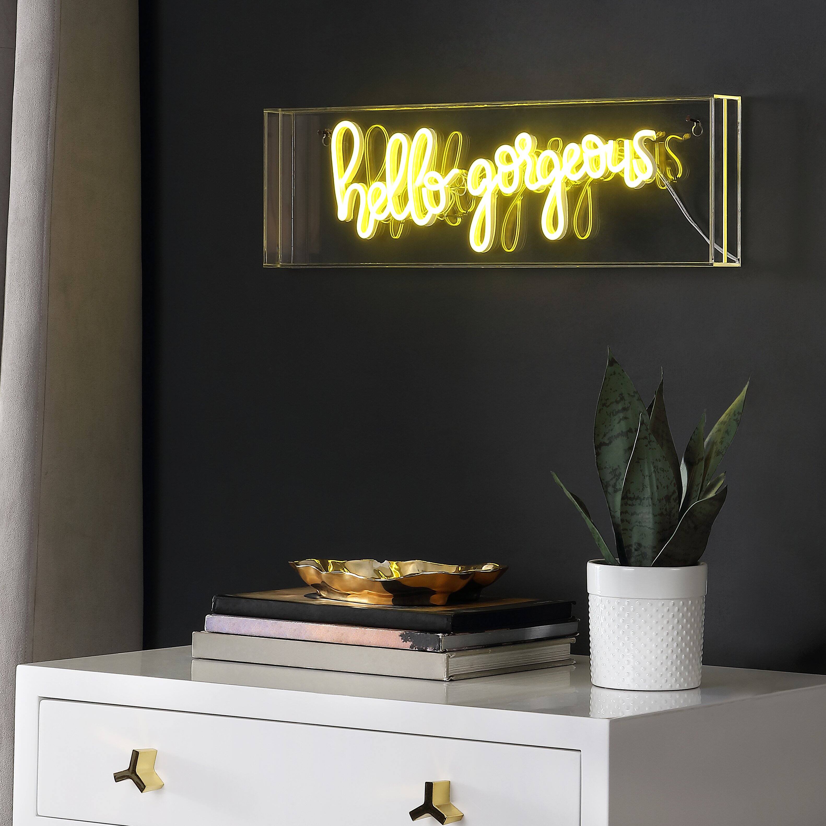Alt View 6. Jonathan Y - Hello Gorgeous 20" Contemporary Glam Acrylic Box USB Operated LED Neon Light, Yellow - Yellow.