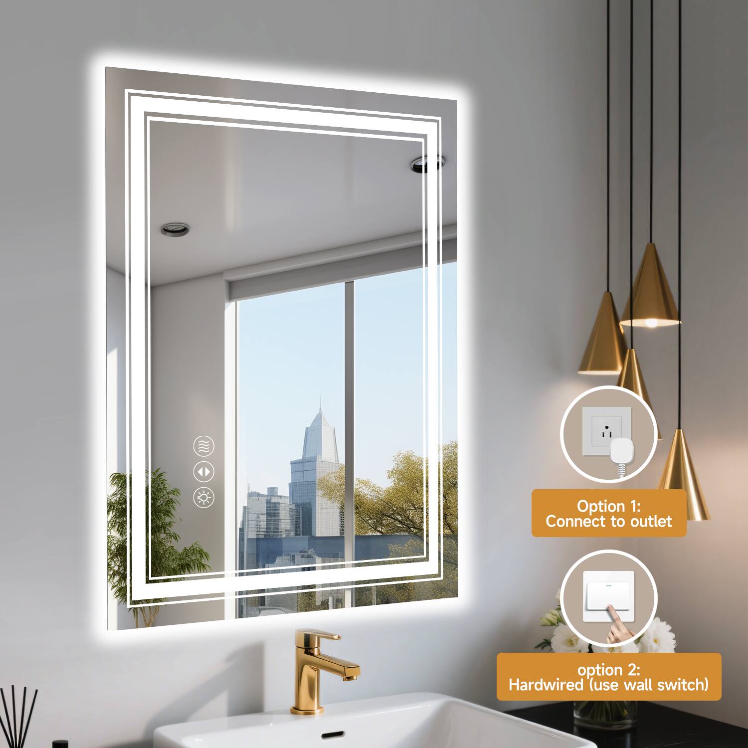 Option 1: Connect to outlet  
Option 2: Hardwired (use wall switch)