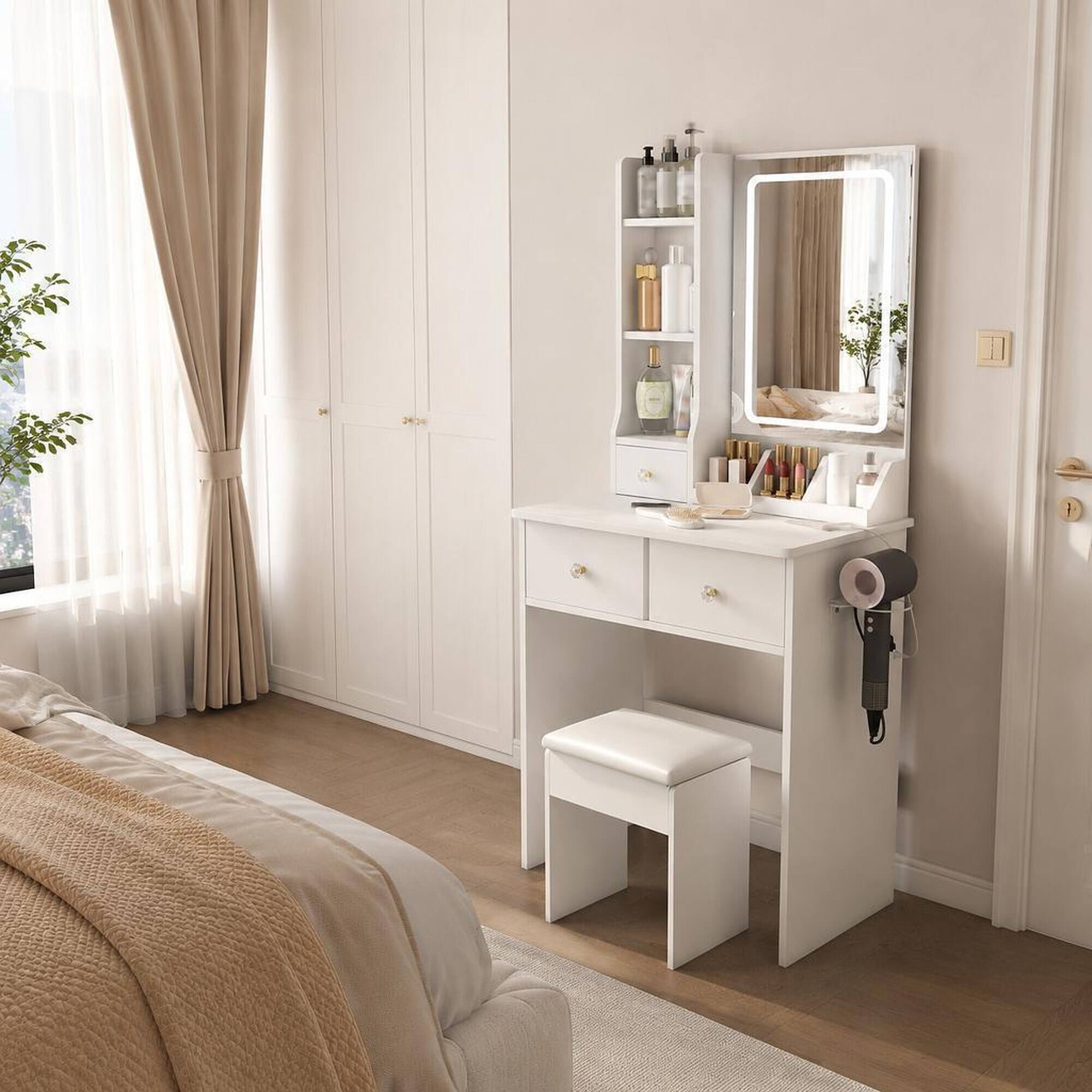 Angle. RYHNUYNE - Modern Small Vanity Desk, 3 LED Lighting Modes, 3 Drawers, Open Shelves, Hair Dryer Holder, White - White.