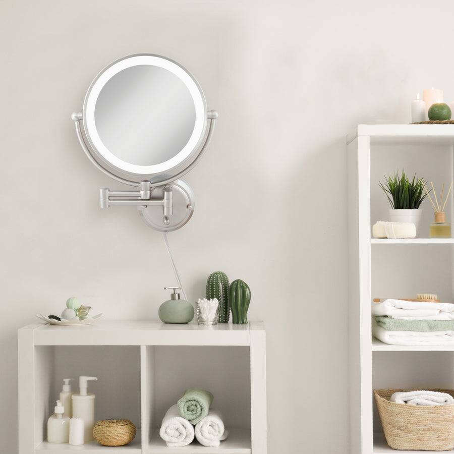Alt View 1. Zadro - Fluorescent Lighted Wall Mounted Glamour Makeup Mirror with 5X/1X Magnifications and Extendable Arm - Hardwired - Satin Nickel.