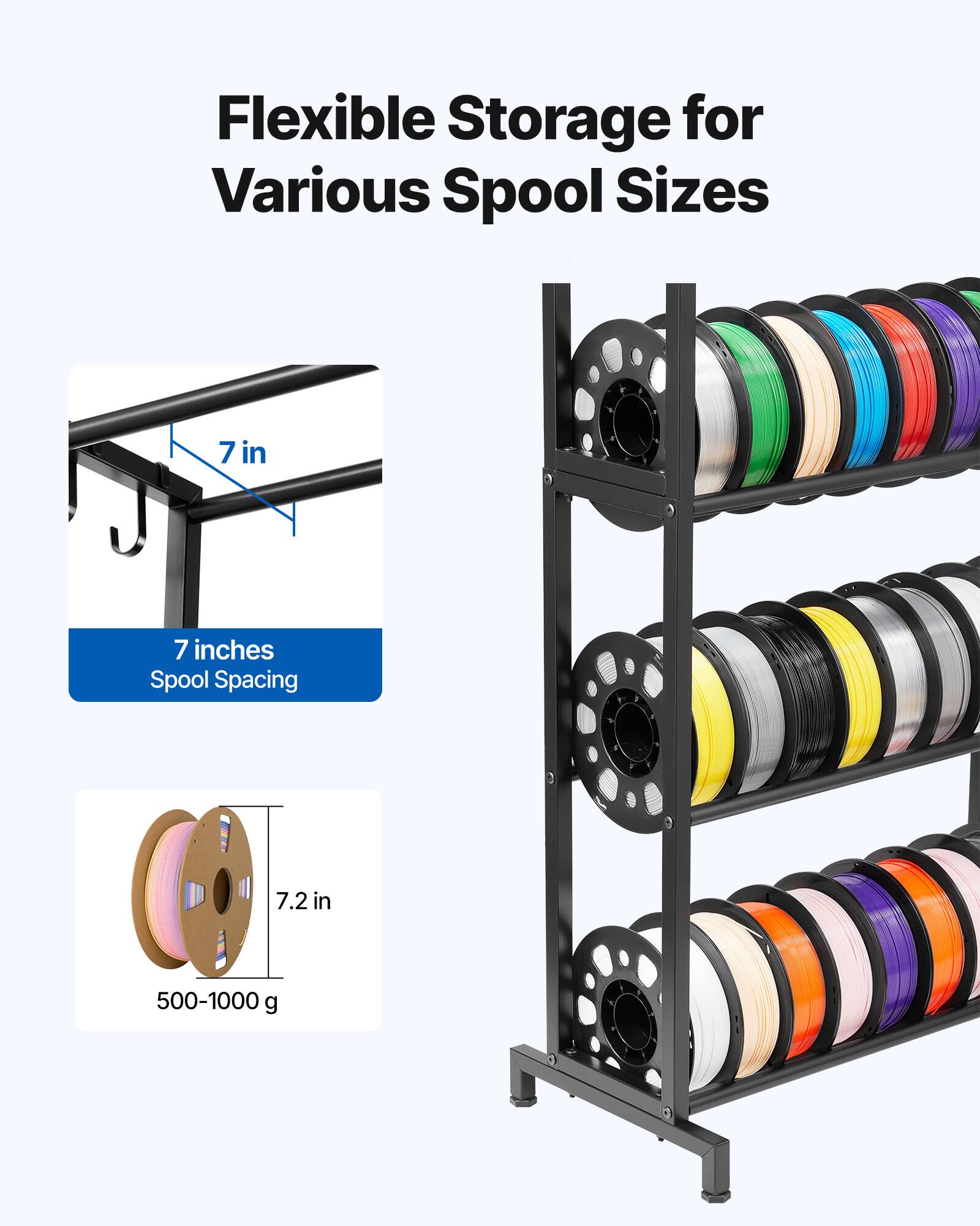 Flexible Storage for Various Spool Sizes

7 inches Spool Spacing

7.2 in

500-1000 g