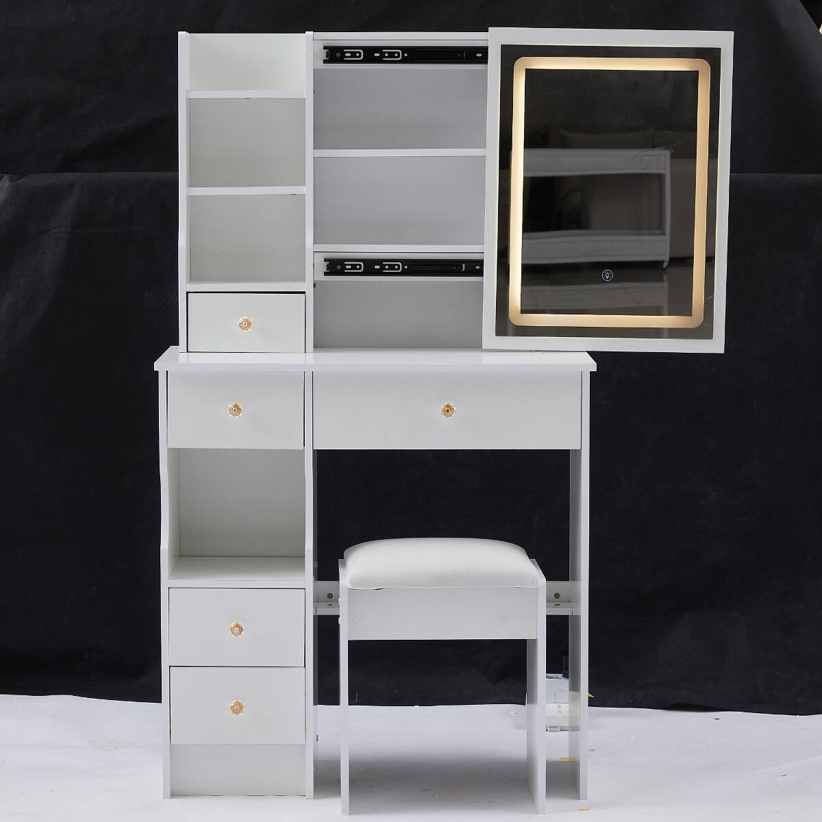 Alt View 1. Loheer - Loheer Small Space Vanity Table with Padded Stool, White Lighted Mirror - White.