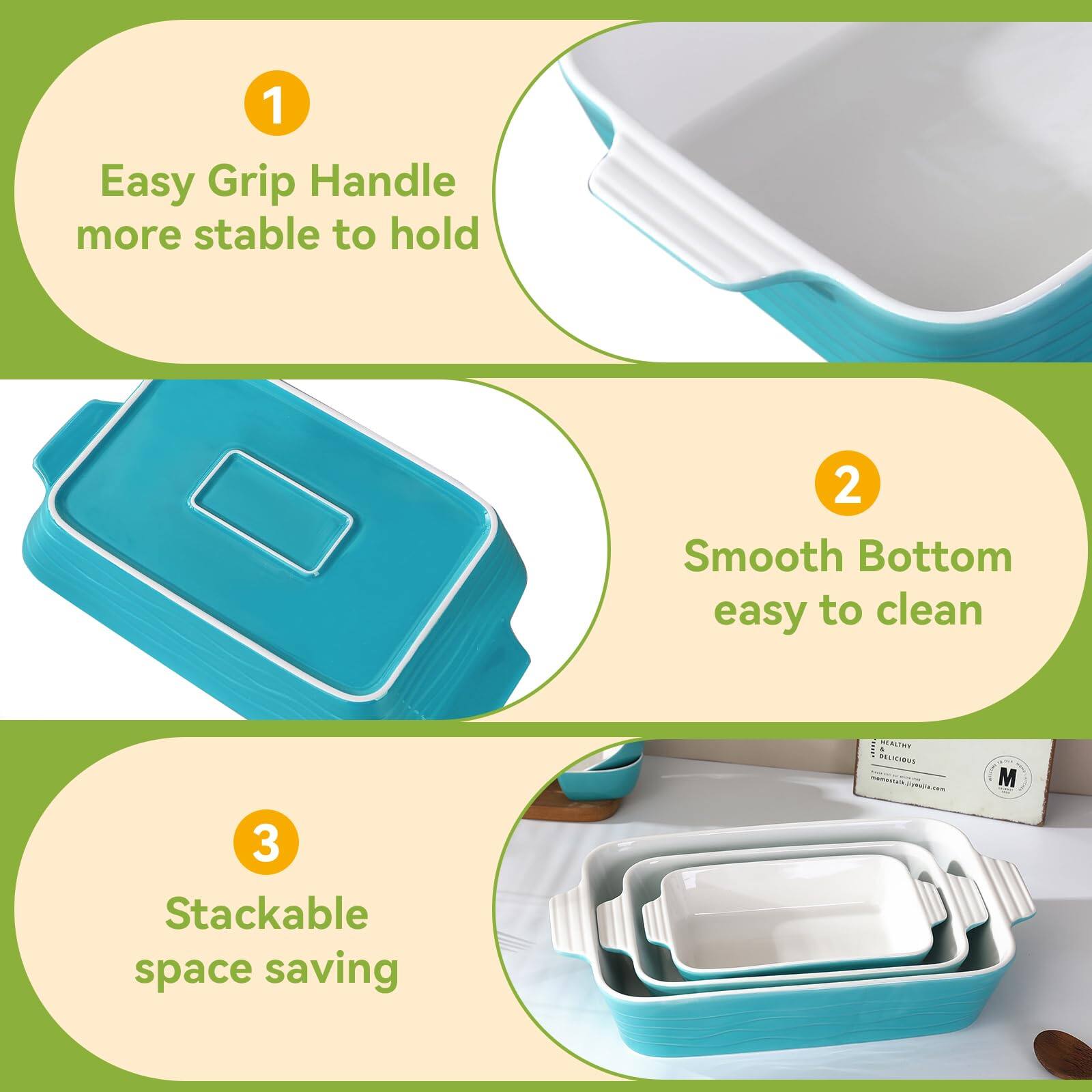 1. Easy Grip Handle more stable to hold  
2. Smooth Bottom easy to clean  
3. Stackable space saving