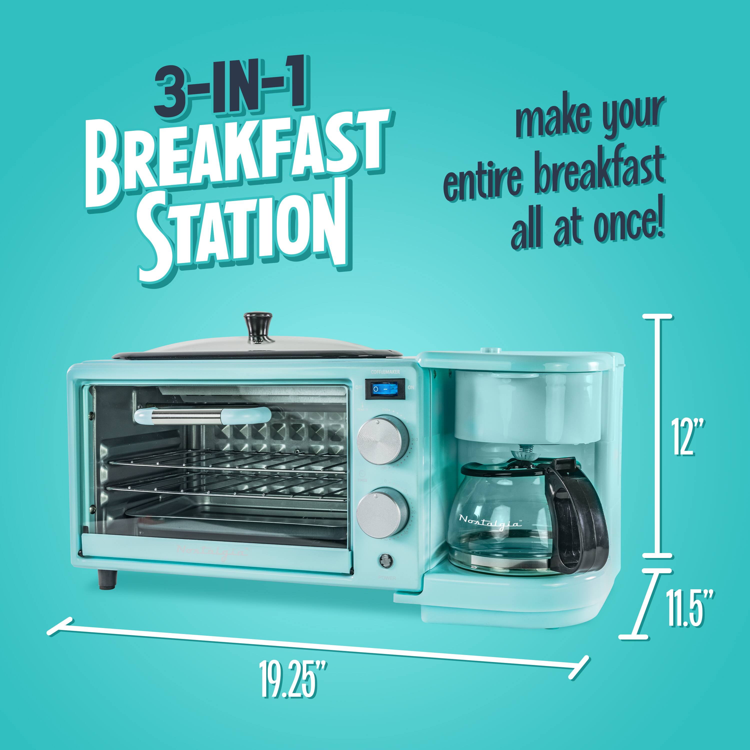 3-IN-1 Breakfast Station  
make your entire breakfast all at once!  
Nostalgia  
12"  
11.5"  
19.25"