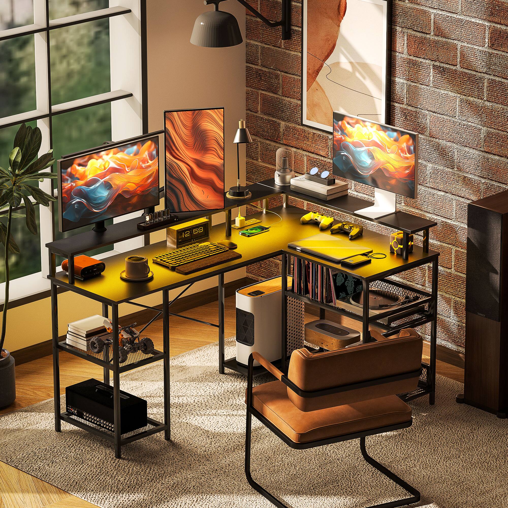 Alt View 2. Homcom - L Shaped Gaming Desk with LED Lights and Power Outlets, 59" Corner Computer Desk with Monitor Stand - Distressed Grey.