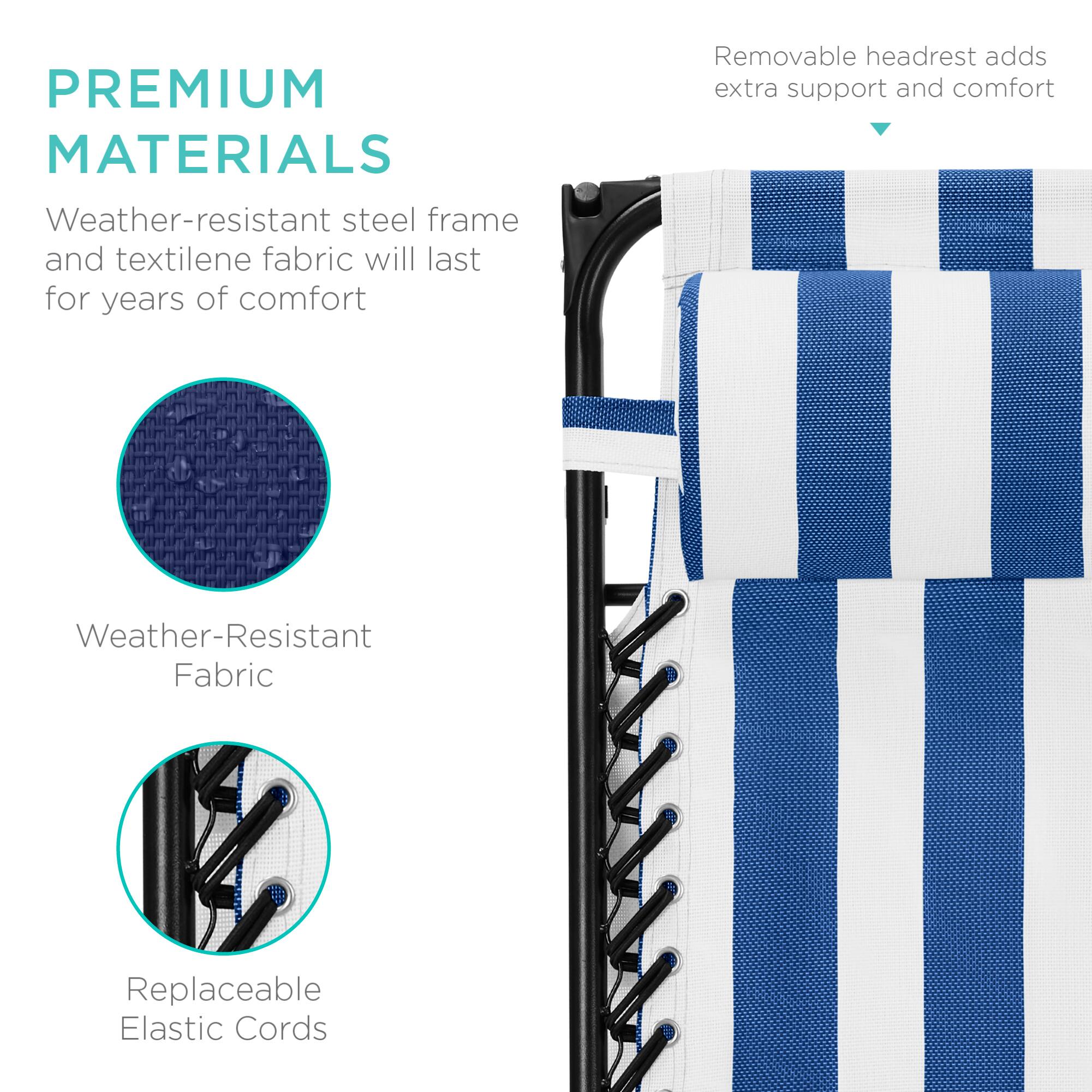 PREMIUM MATERIALS  
Weather-resistant steel frame and textilene fabric will last for years of comfort  
Removable headrest adds extra support and comfort  
Weather-Resistant Fabric  
Replaceable Elastic Cords