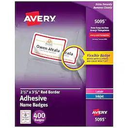 Avery - Flexible Laser/Inkjet Name Badge Labels, 2 1/3" x 3 3/8", 400 Labels Per Pack - White with Red Border