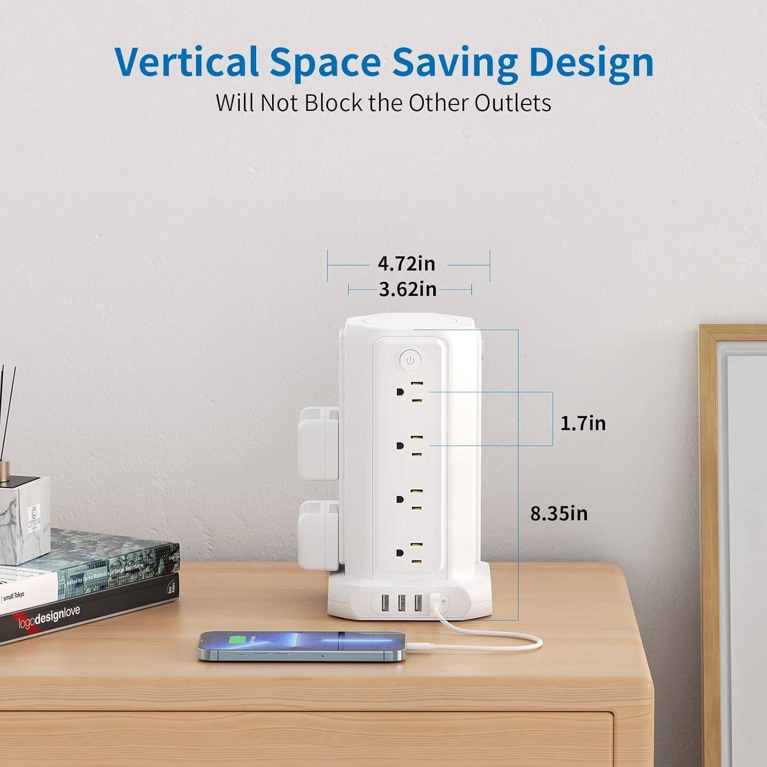 Vertical Space Saving Design  
Will Not Block the Other Outlets  

4.72in  
3.62in  
1.7in  
8.35in  

ind biye logodesignlove