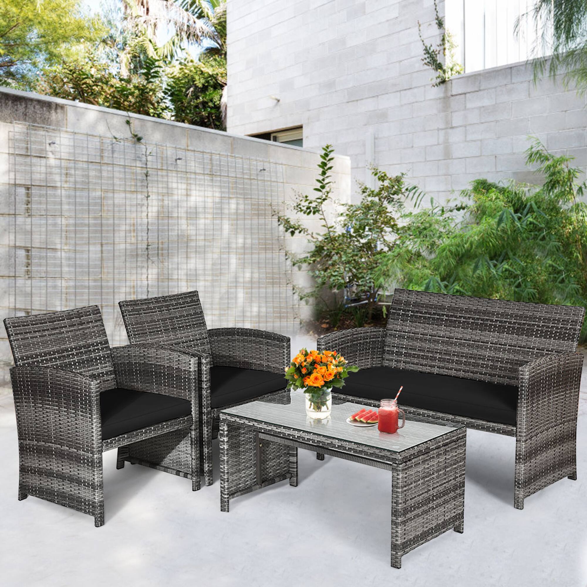 Alt View 2. Gymax - Gymax 8PCS Patio Outdoor Rattan Conversation Furniture Set w/ Black Cushion - Mix Grey.