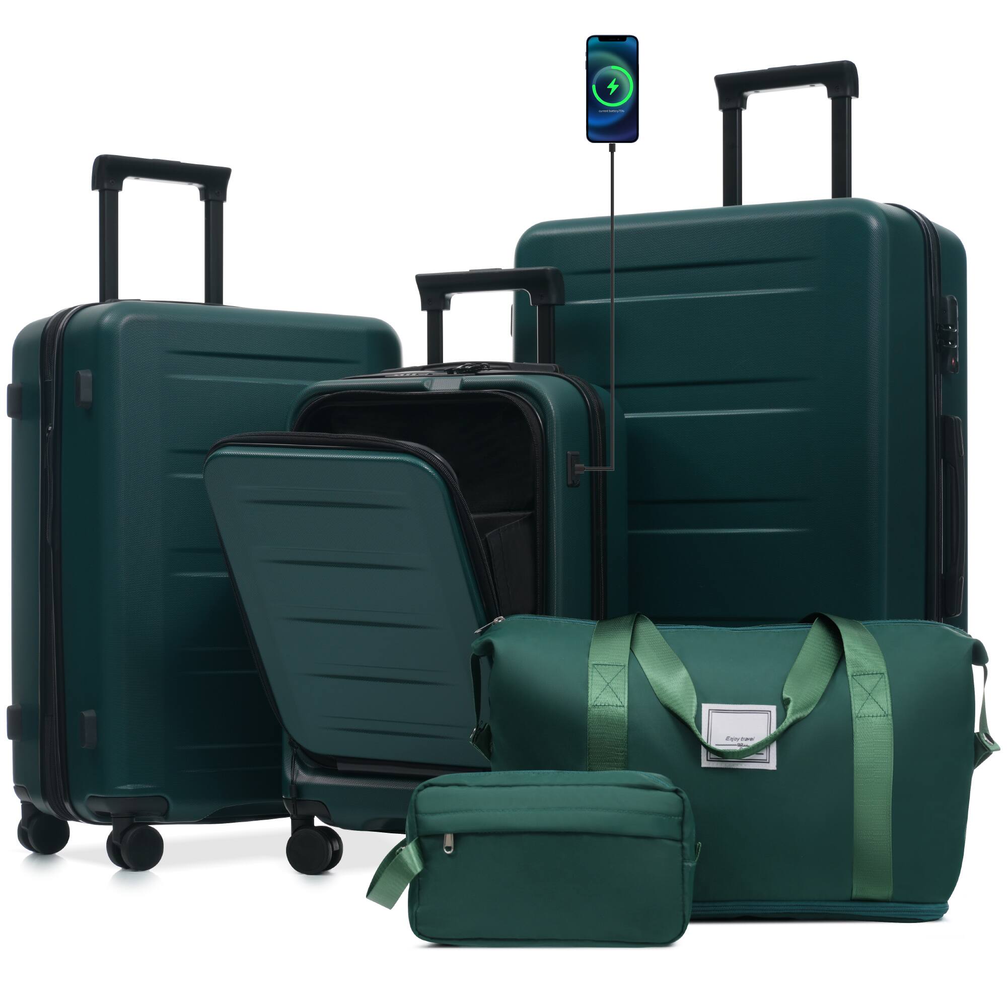 Front. Tiramisubest - 5-Piece Luggage Sets with Double Spinner Wheel,Hardside Expandable Carry On Suitcase with USB Port,TSA Locks (20"24"28") - Dark Green.