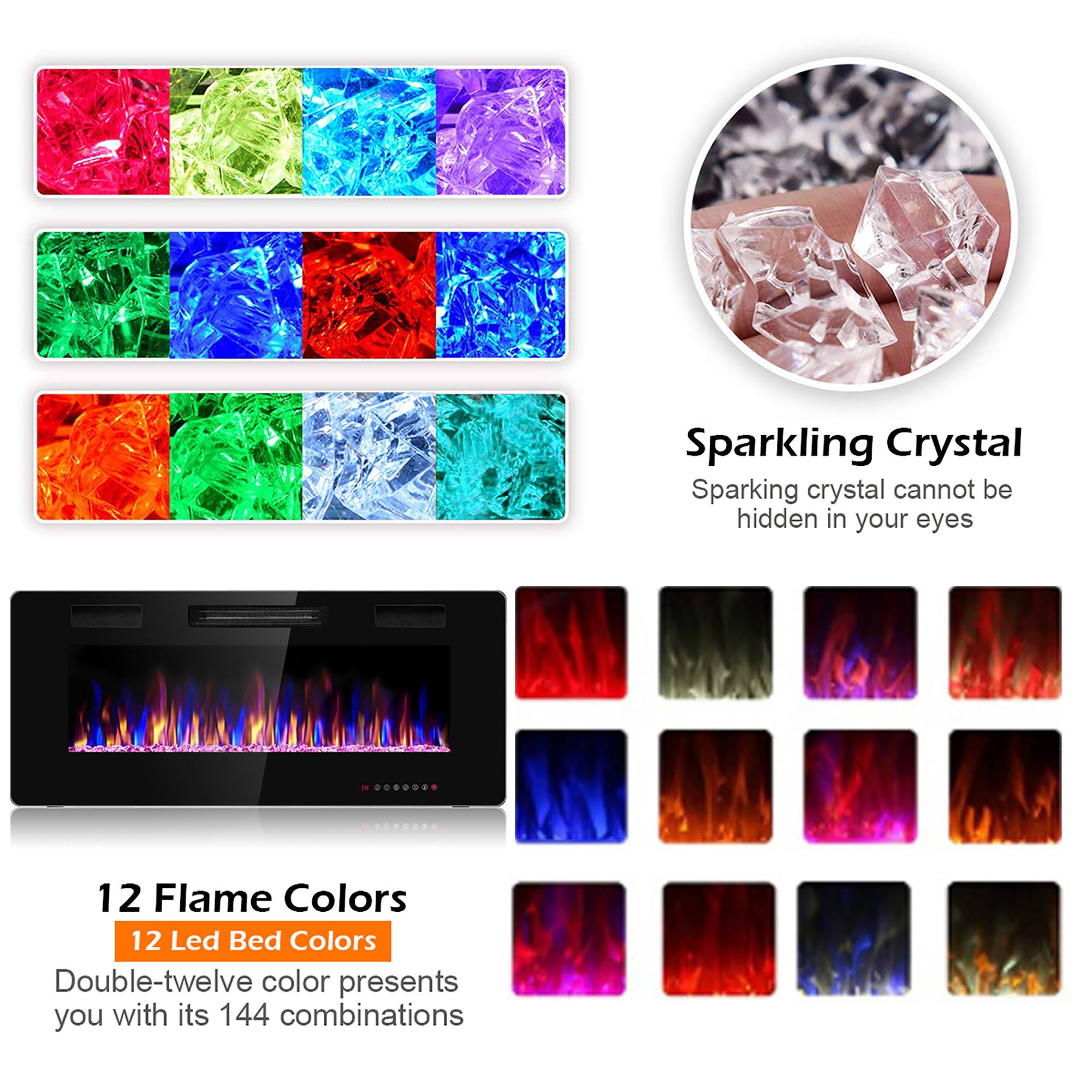 Sparkling Crystal  
Sparkling crystal cannot be hidden in your eyes  

12 Flame Colors  
12 Led Bed Colors  
Double-twelve color presents you with its 144 combinations