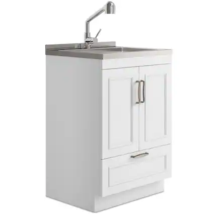 Front. Simpli Home - Cardinal All-in-One 24-inch Utility Sink & Cabinet - Pure White.