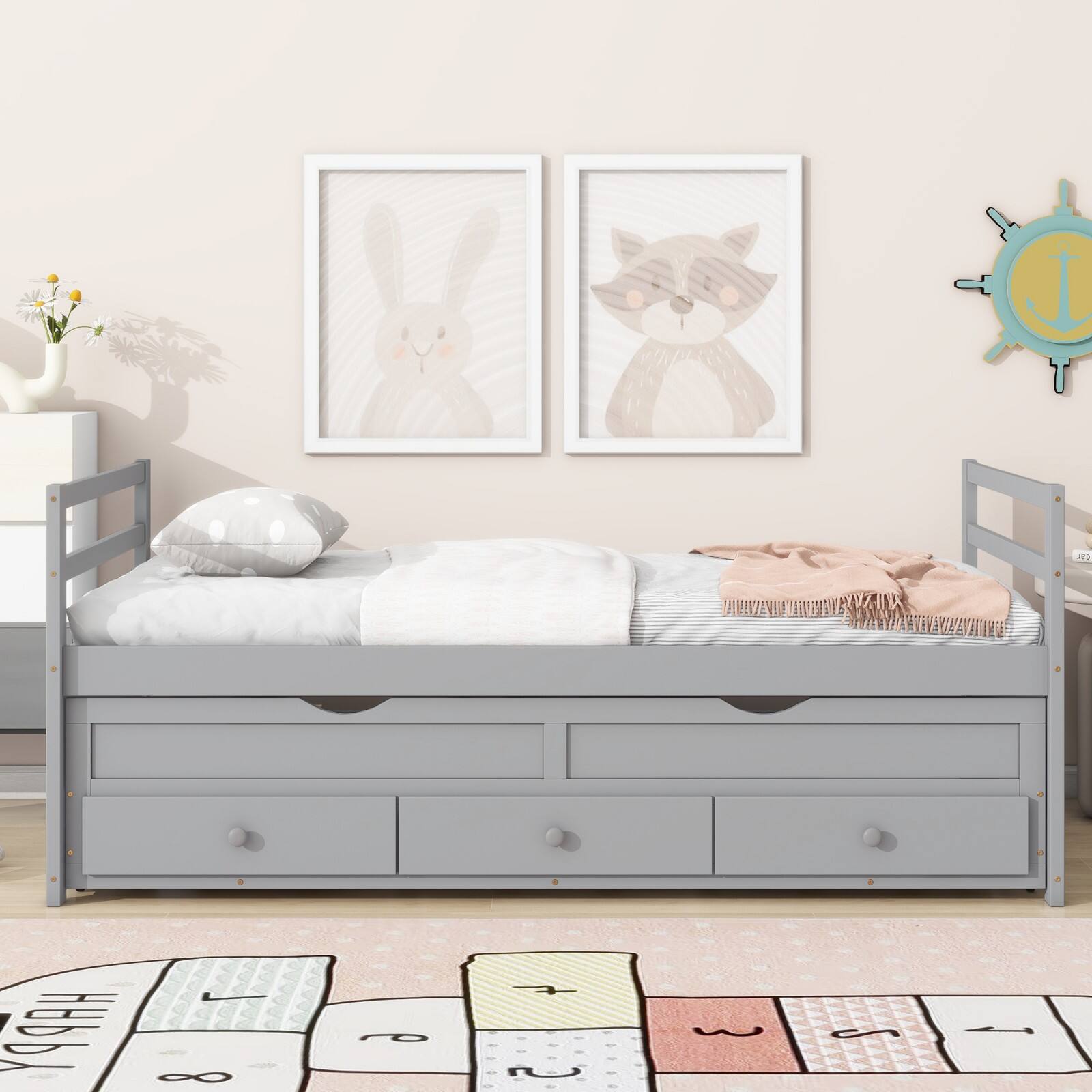 Alt View 1. Ecooso - Twin Size Bed with Headboard, Footboard, Trundle and Three Storage Drawers, Twin Size Pine Wood Bed with Headboard - Grey.