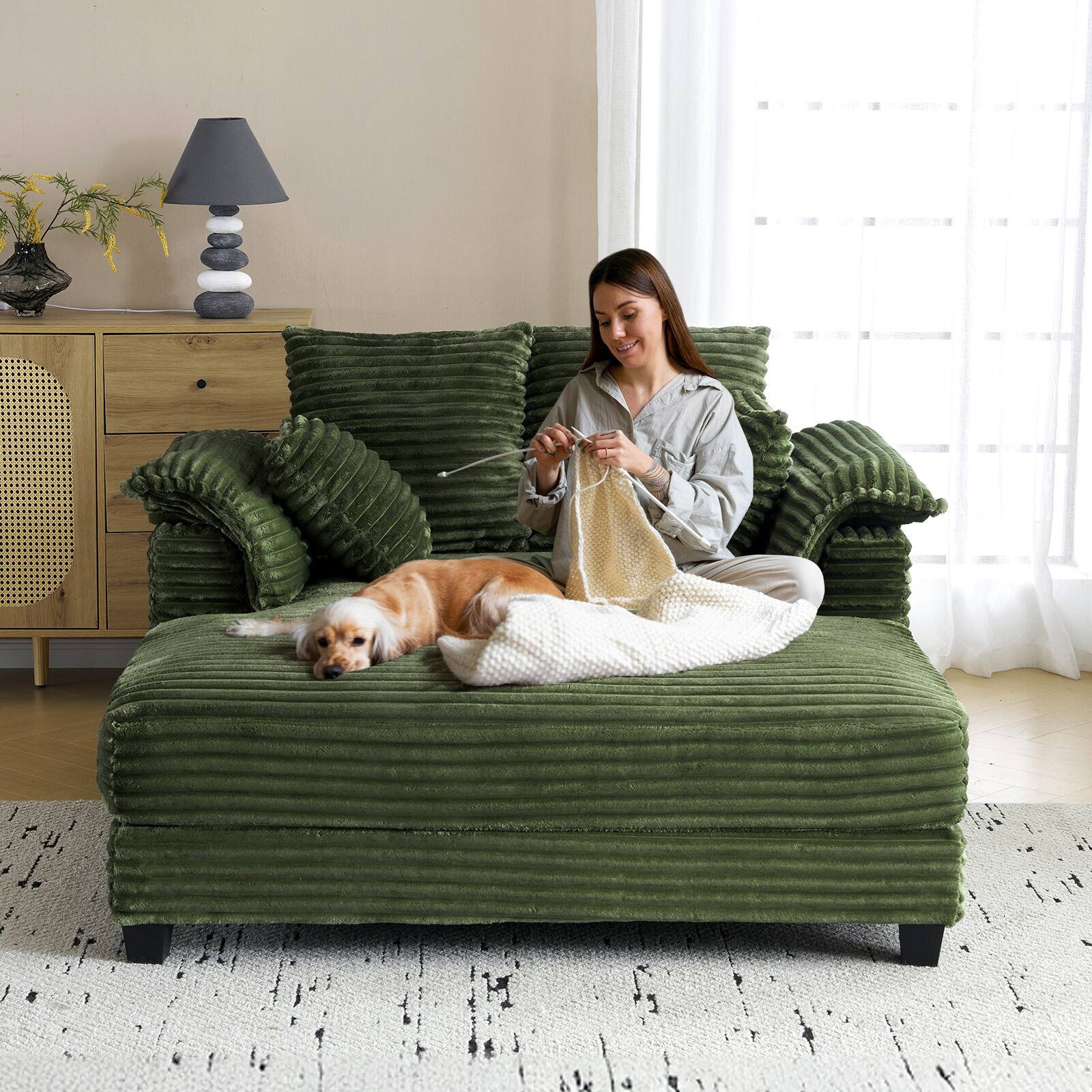 Alt View 5. Winado - 55.9"W × 59.4"D × 33.9"H Oversized Corduroy Chaise Sofa Recliner Bed Chaise Lounge Chair Upholstered Comfy Sleeper Couch - Black.