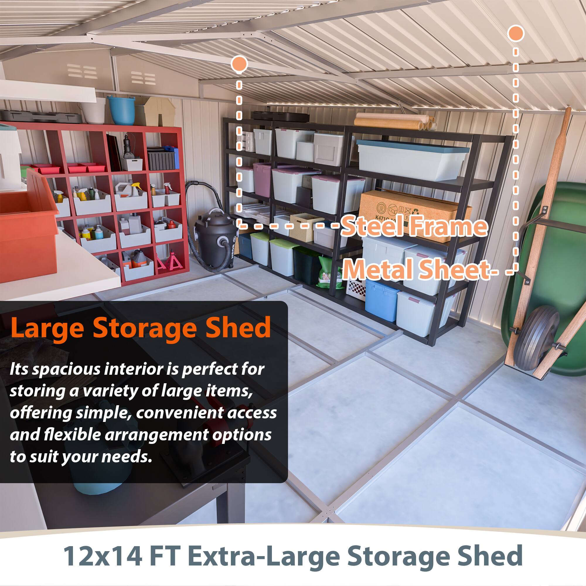 O@ K4TSO Steel Frame Metal Sheet- Large Storage Shed

Its spacious interior is perfect for storing a variety of large items, offering simple, convenient access and flexible arrangement options to suit your needs.

12x14 FT Extra-Large Storage Shed