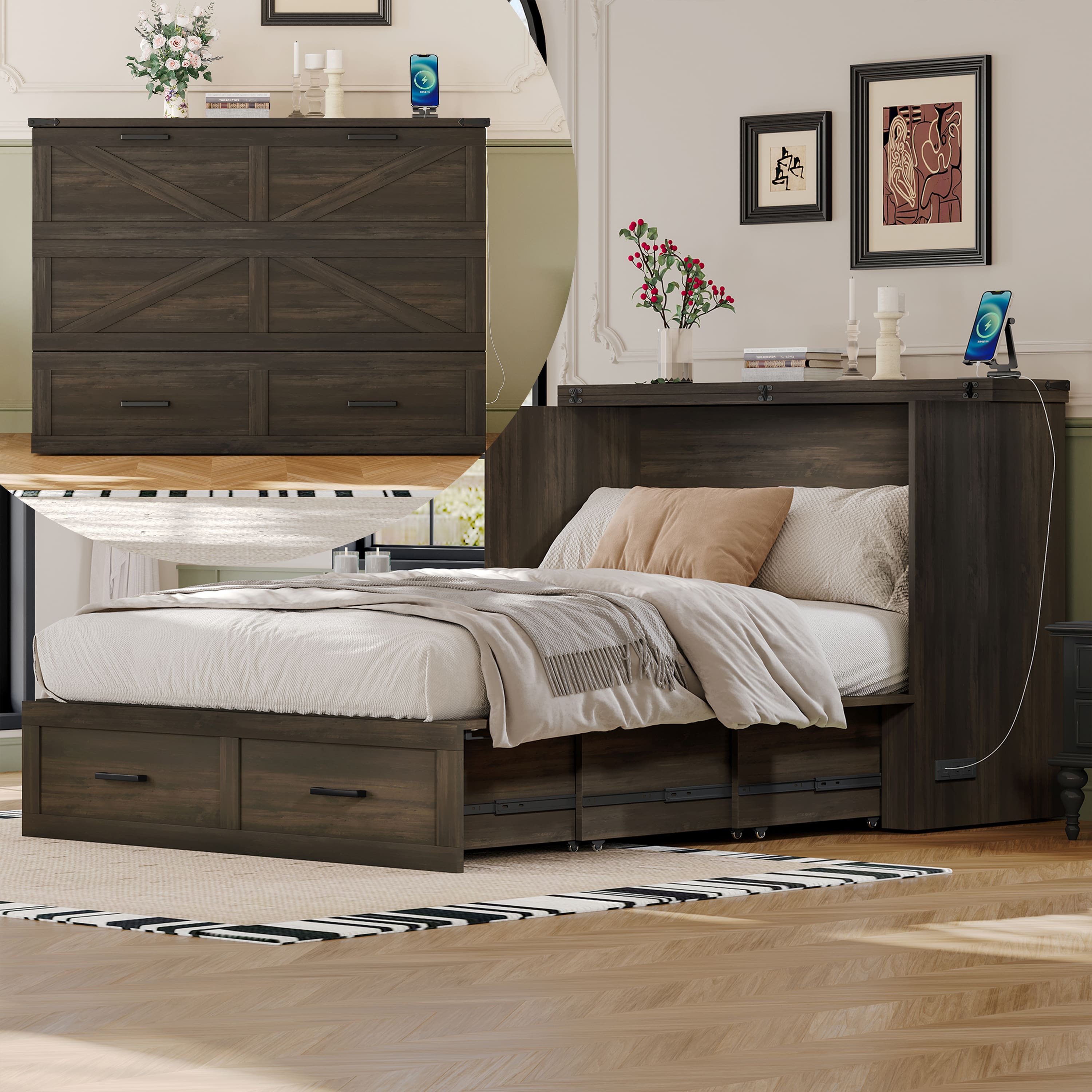 Tiramisubest - Full Size Murphy Cabinet Bed with Charging Station, Foldable Platform Bed with Large Storage Drawer, Rustic Gray - Gray