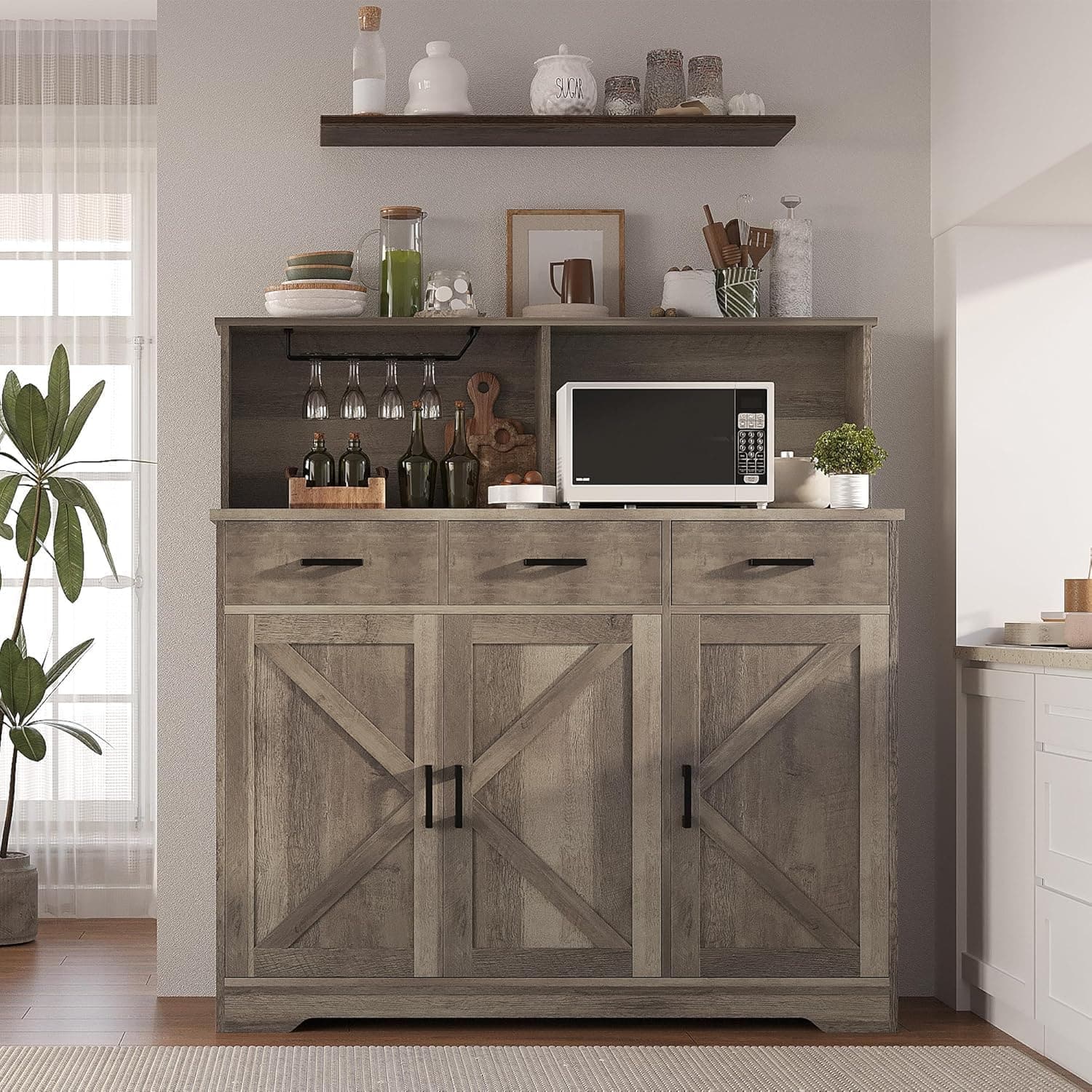 Jojoka - Farmhouse Sideboard Buffet with Microwave Stand,Varied Storage with Drawers and Cabinets - Gray