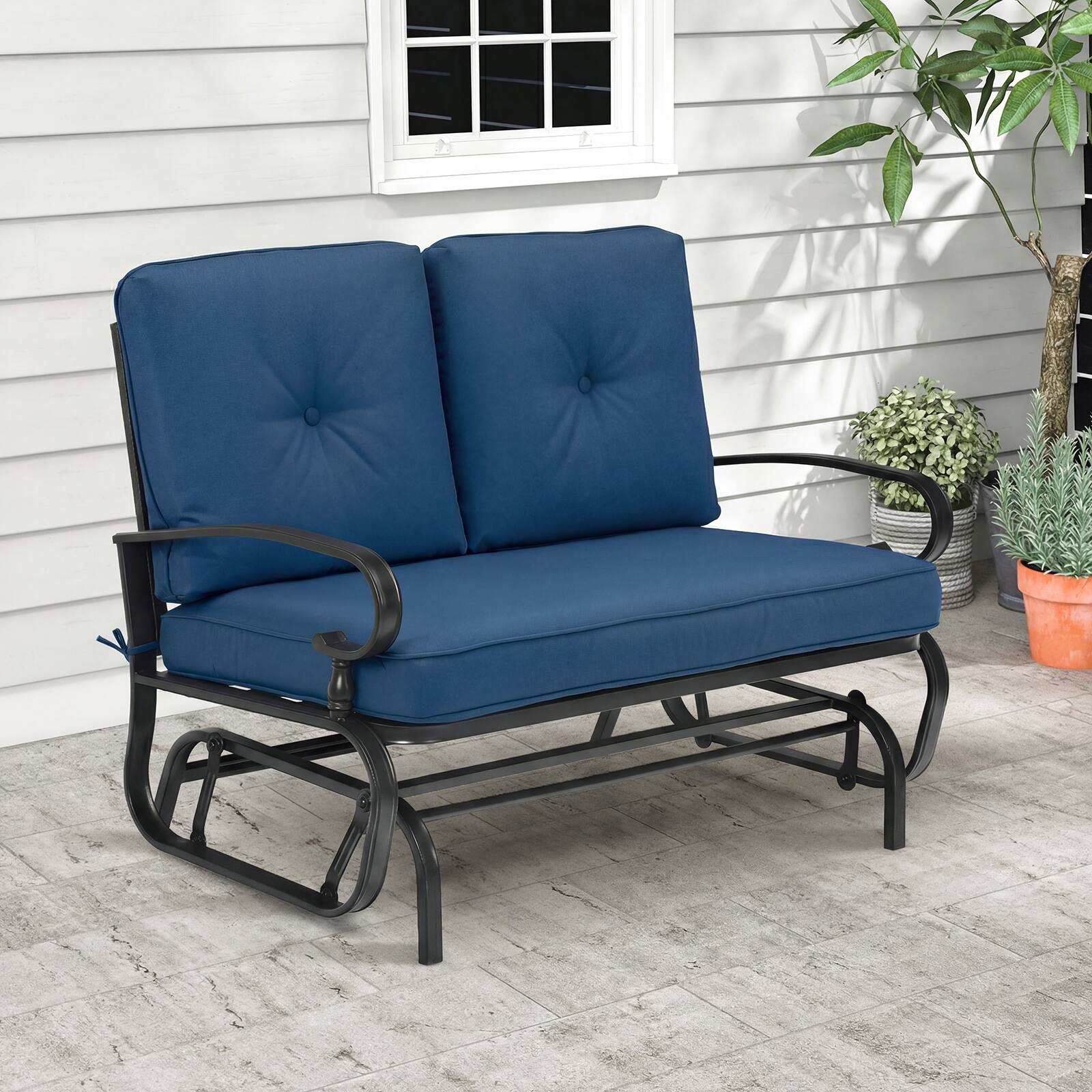 Alt View 1. Costway - Glider Outdoor Patio Rocking Bench Loveseat Cushioned Seat Steel Frame - Navy.