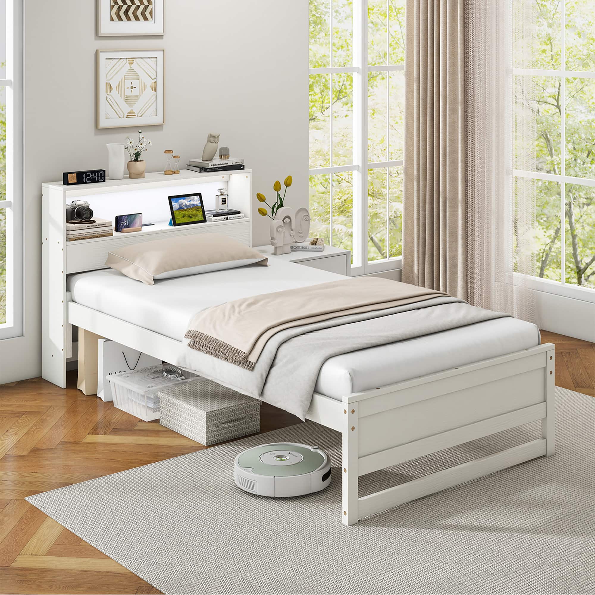 Front. Gymax - Gymax Twin Size Wooden Bed Frame w/ Charging Station & LED Light Storage Headboard White - White.