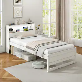 Gymax - Twin Size Wooden Bed Frame w/ Charging Station & LED Light Storage Headboard - White