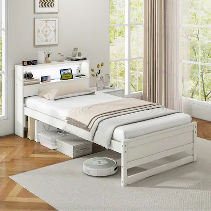Front. Gymax - Gymax Twin Size Wooden Bed Frame w/ Charging Station & LED Light Storage Headboard White - White.