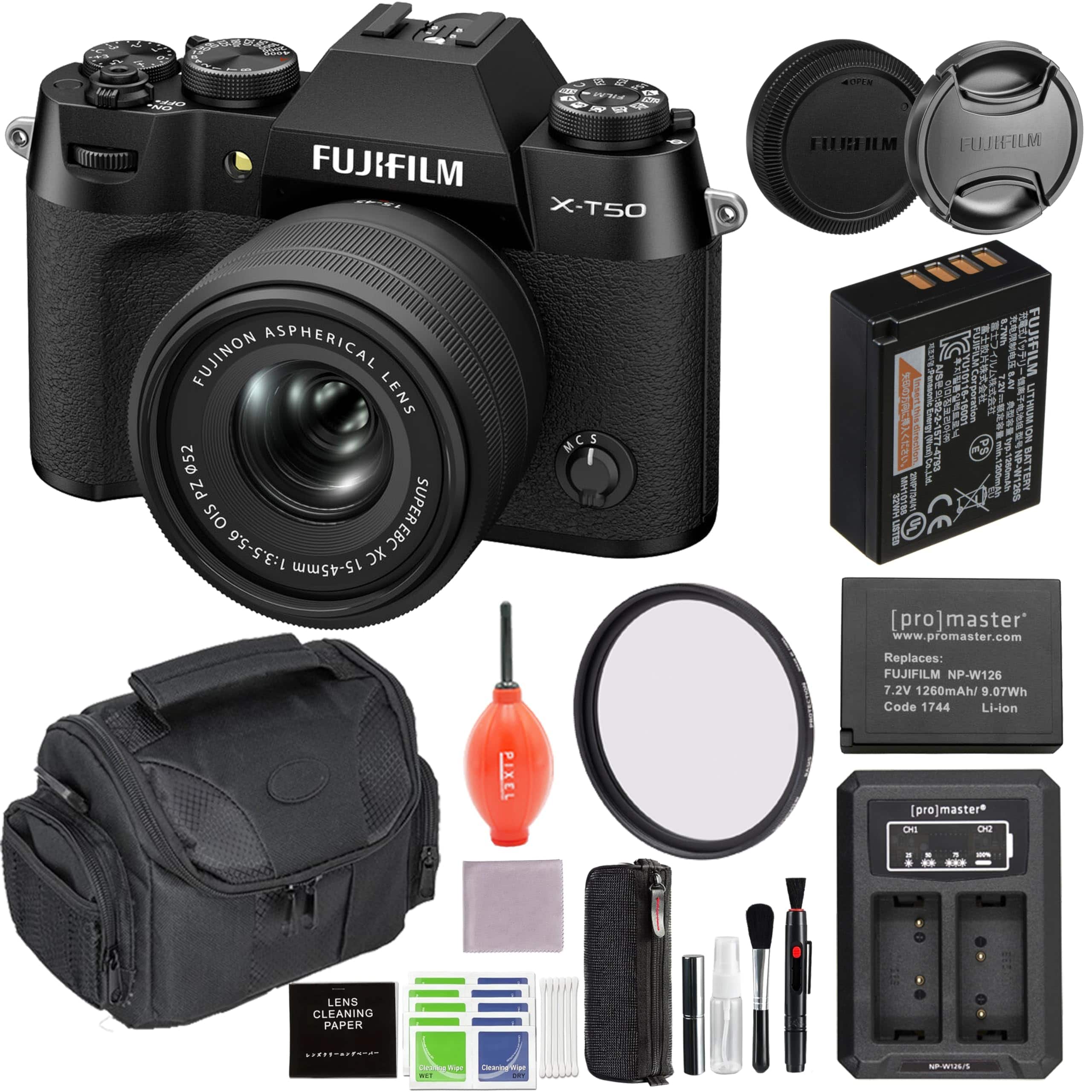 Fujifilm - X-T50 Mirrorless Camera with 15-45mm Lens (Black) Bundle with Extra Battery, Charger and More