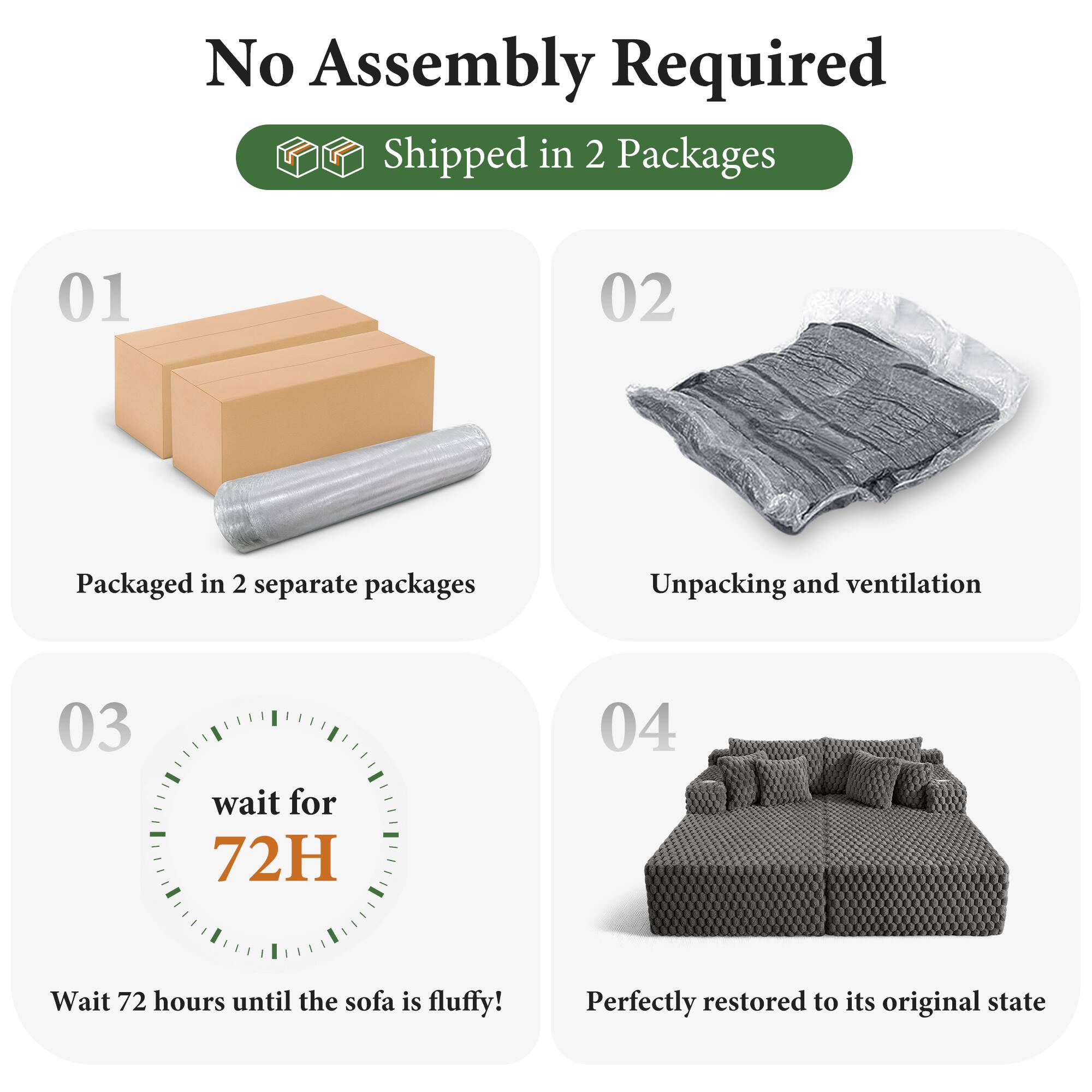 No Assembly Required  
Shipped in 2 Packages  

01  
Packaged in 2 separate packages  

02  
Unpacking and ventilation  

03  
Wait 72 hours until the sofa is fluffy!  

04  
Perfectly restored to its original state