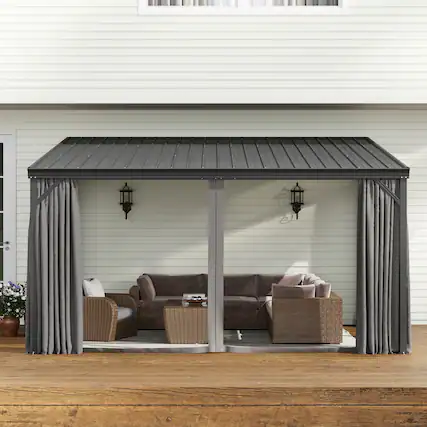 Front. Famapy - Extra Large Outdoor Gazebo with Steel Roof and Aluminum Frame, Curtains & Netting for Patio, Deck, Garden.