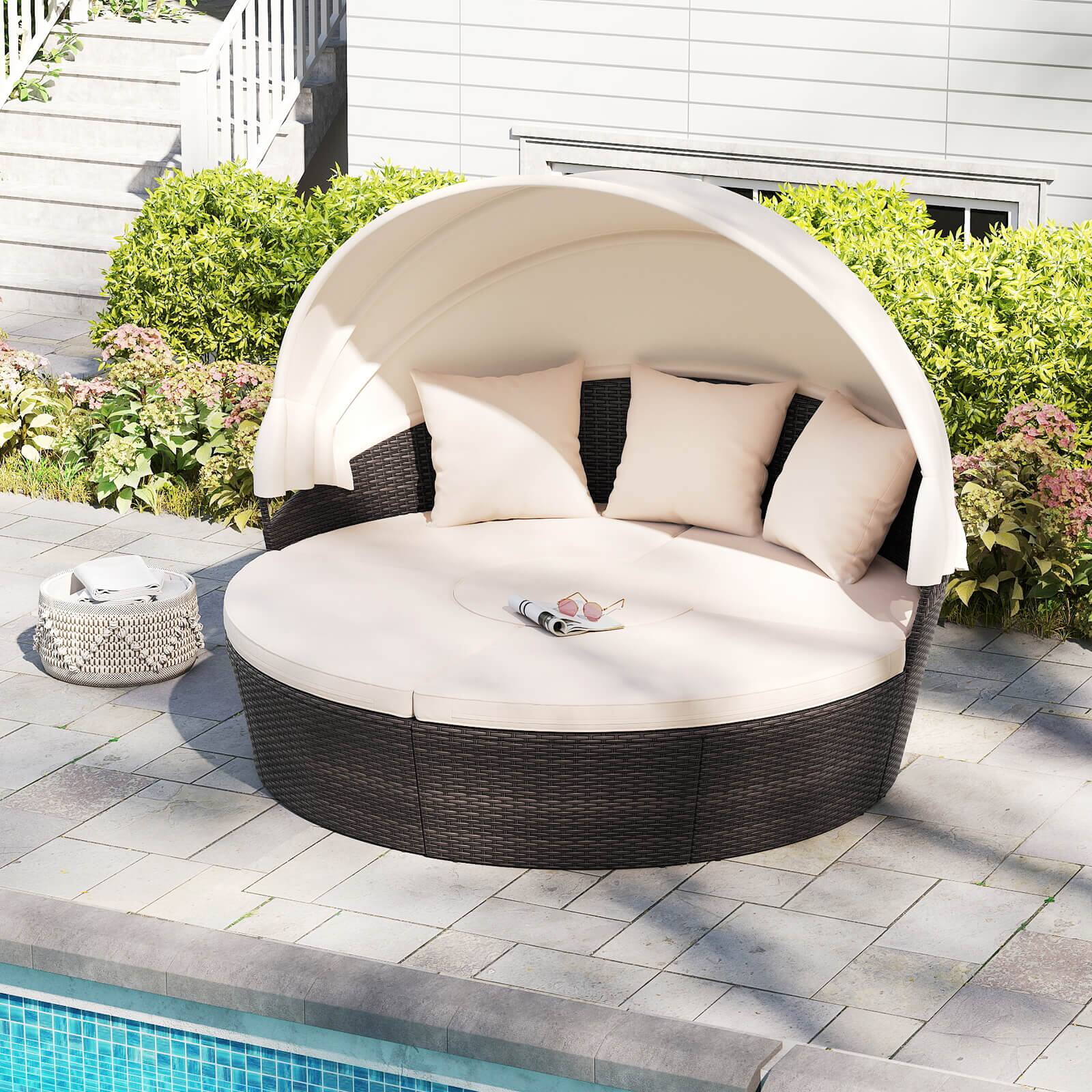 Alt View 1. Costway - Costway Patio Round Daybed PE Rattan Cushioned Sectional Seating with Retractable Canopy - White.