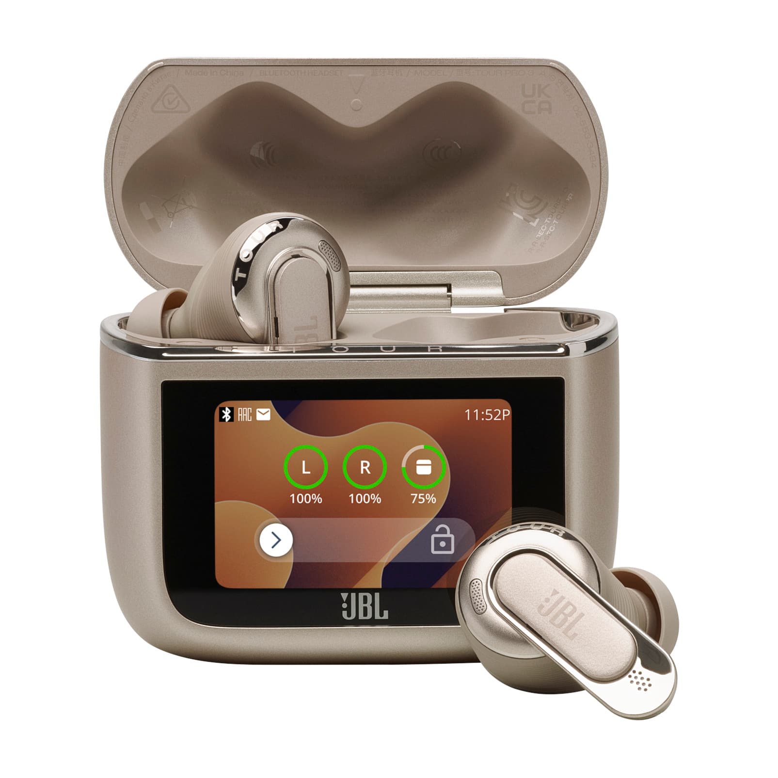 The image features a JBL product with a screen displaying the time as 11:52. The product is accompanied by earbuds, which are attached to the device. The earbuds are positioned in front of the screen, and the device is placed on a counter. The JBL product is designed to provide users with an enjoyable listening experience.