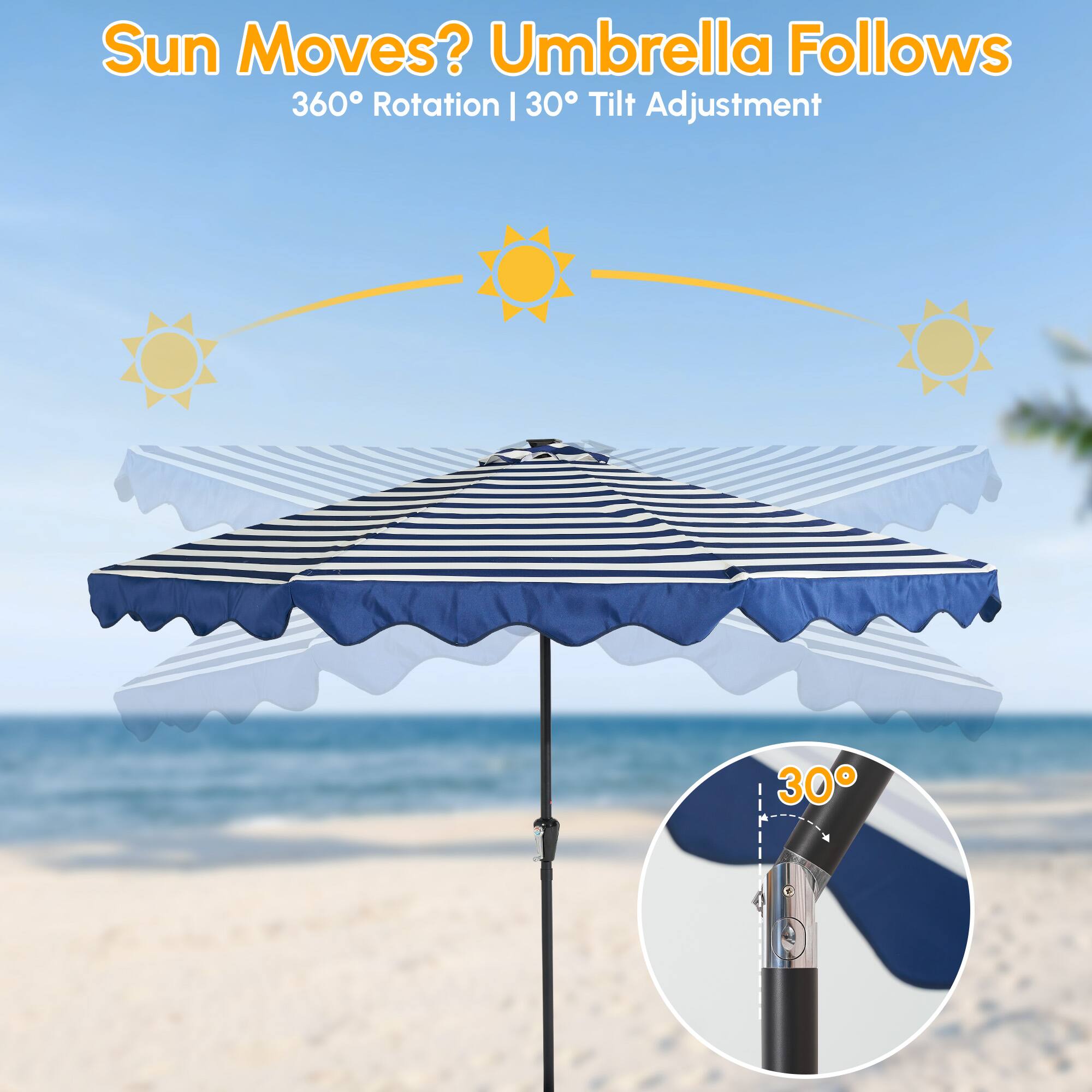 Sun Moves? Umbrella Follows  
360° Rotation | 30° Tilt Adjustment