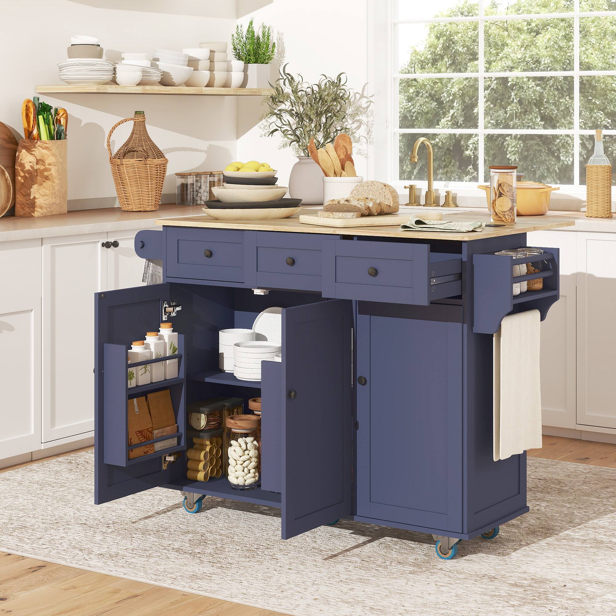Alt View 1. Homcom - Rolling Kitchen Island with Power Outlet and Drop Leaf, 53" Island Table with Wood Top, 3 Drawers, Adjustable Shelf - Dark Blue.