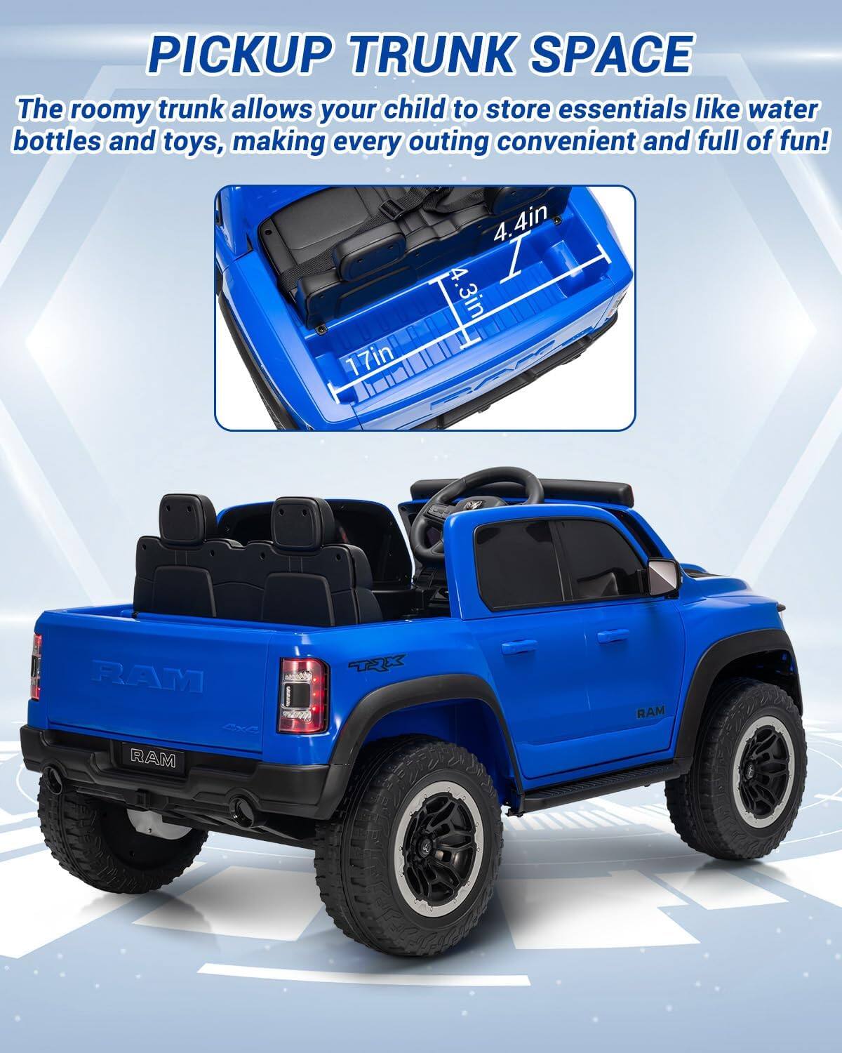 PICKUP TRUNK SPACE

The roomy trunk allows your child to store essentials like water bottles and toys, making every outing convenient and full of fun!

17in  
4.4in  
4.3in