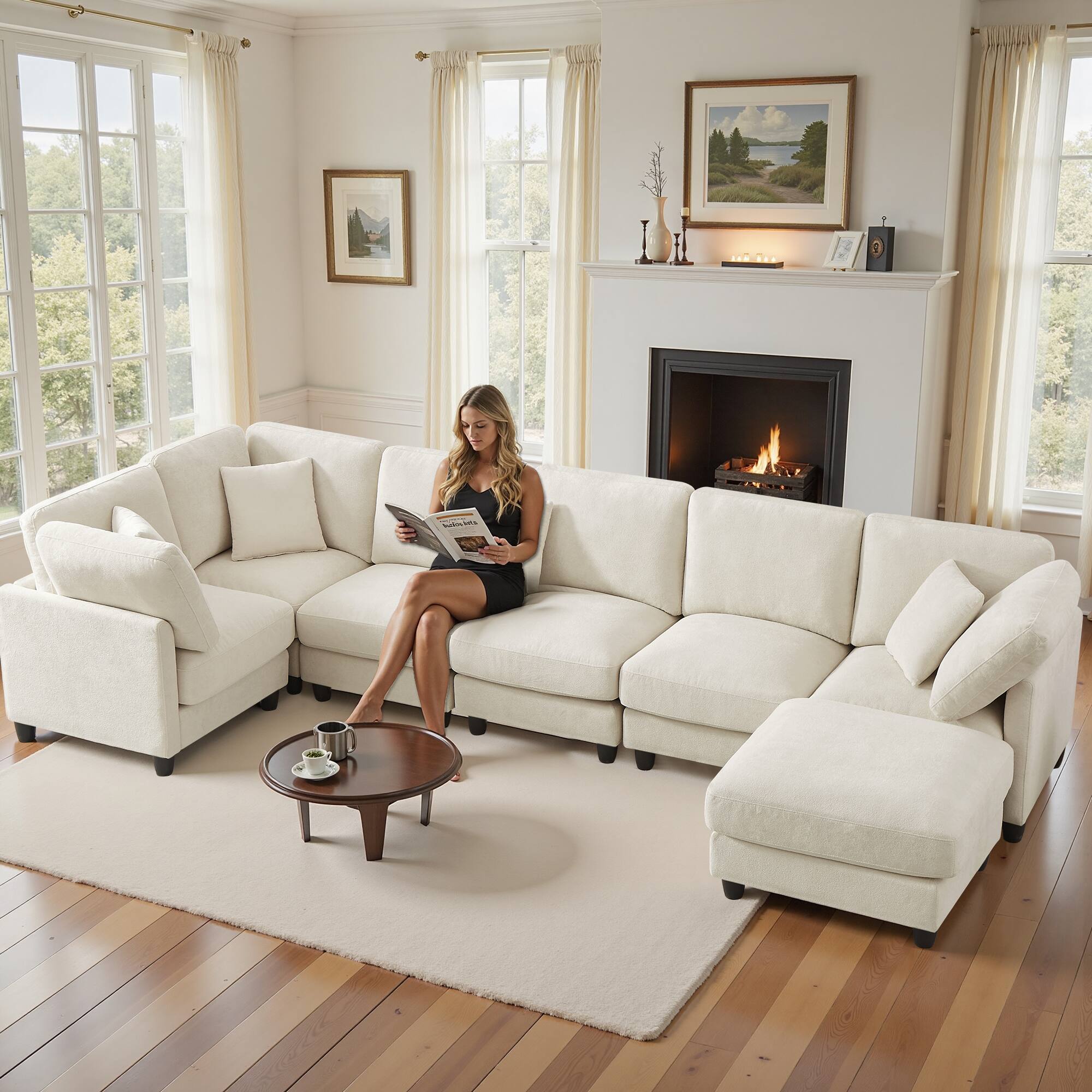 Alt View 5. Meqiodas - Modular Sectional Sofa, 7 Seater Cloud Sectional Couch with Movable Ottoman, Chenille Sofa Couch for Living Room - Beige.