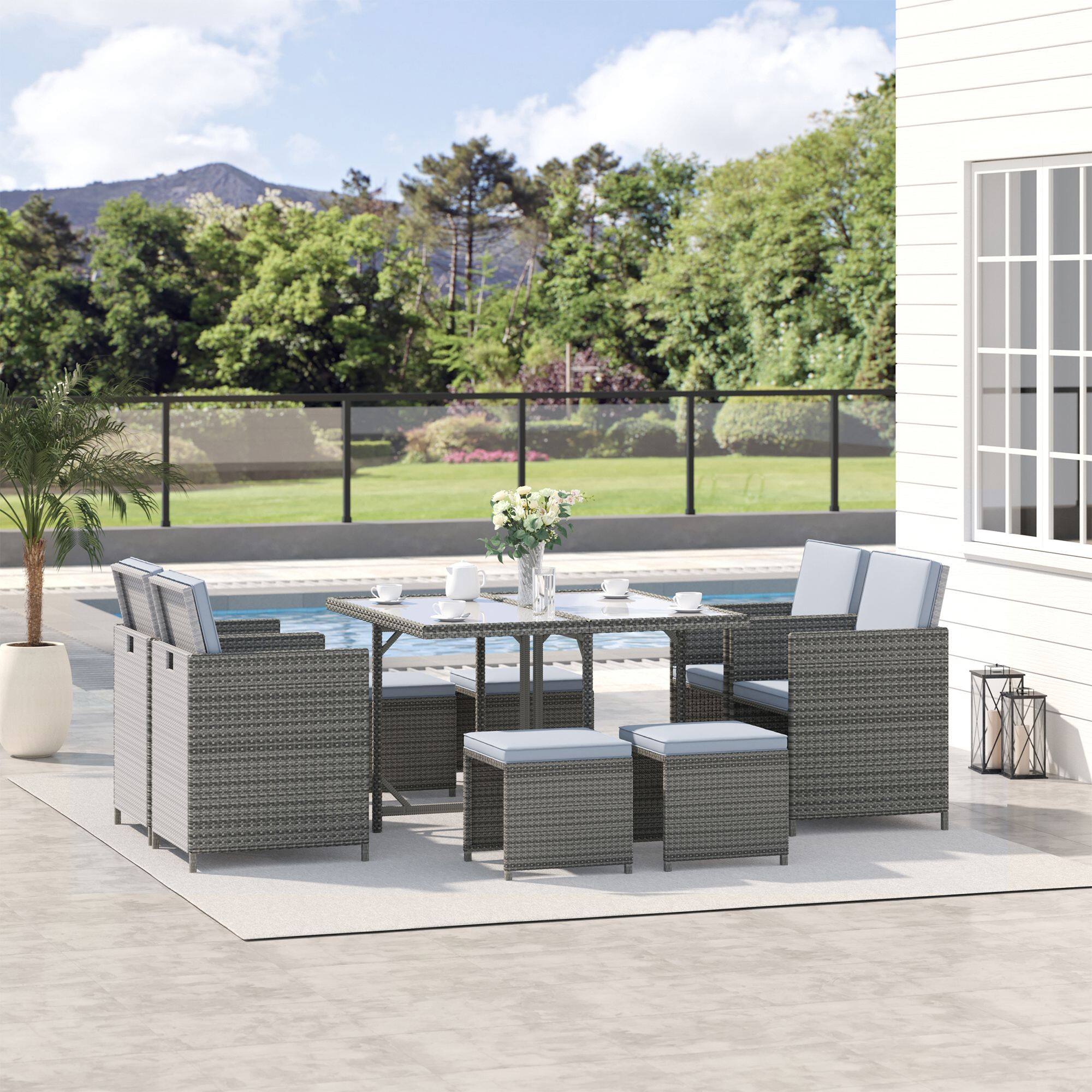 Alt View 1. Outsunny - 9 Pieces Outdoor Dining Set for 8, Space Saving Wicker Chairs and Square Glass Table with Cushions and Ottomans - Mixed Gray/Gray.