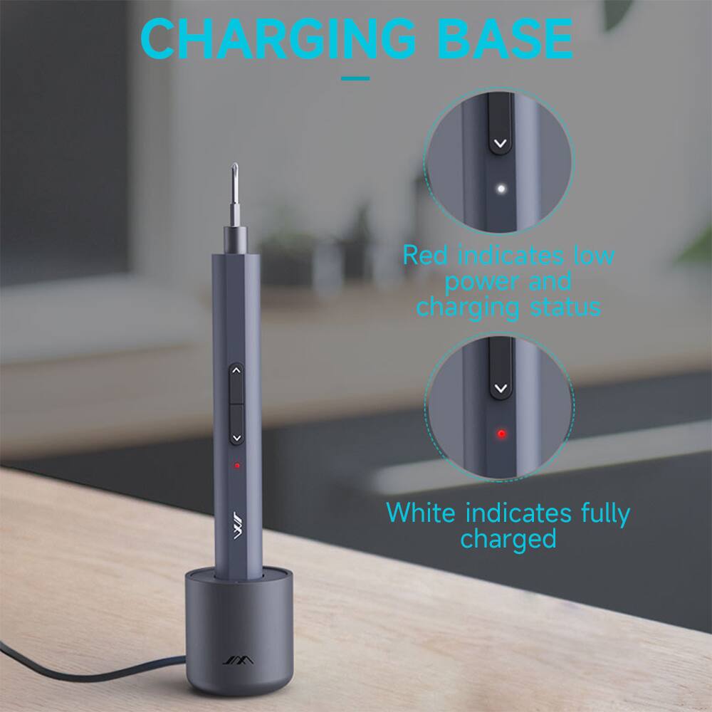 CHARGING BASE

Red indicates low power and charging status

White indicates fully charged