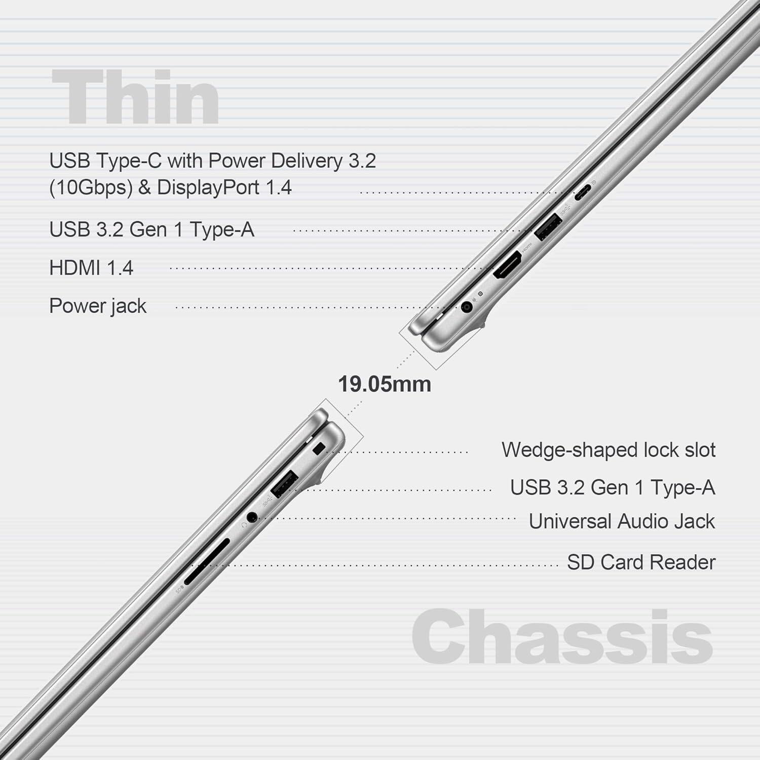 Thin  
USB Type-C with Power Delivery 3.2 (10Gbps) & DisplayPort 1.4  
USB 3.2 Gen 1 Type-A  
HDMI 1.4  
Power jack  

19.05mm  

Wedge-shaped lock slot  
USB 3.2 Gen 1 Type-A  
Universal Audio Jack  
SD Card Reader  

Chassis