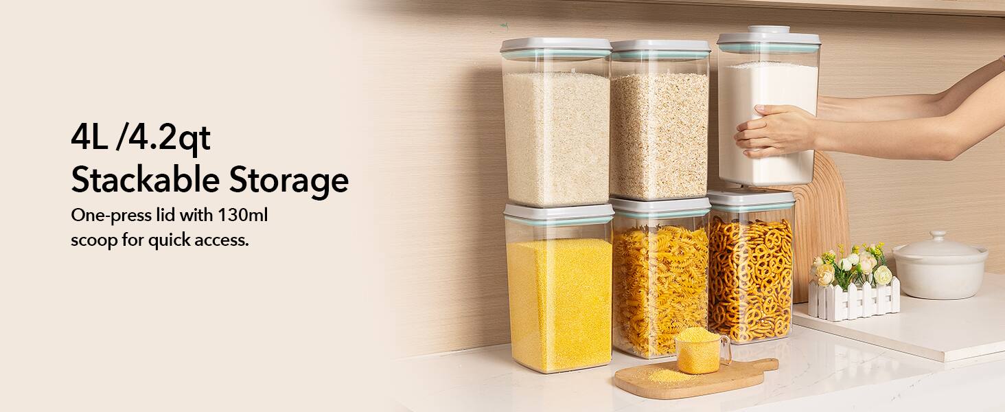 4L /4.2qt Stackable Storage  
One-press lid with 130ml scoop for quick access.
