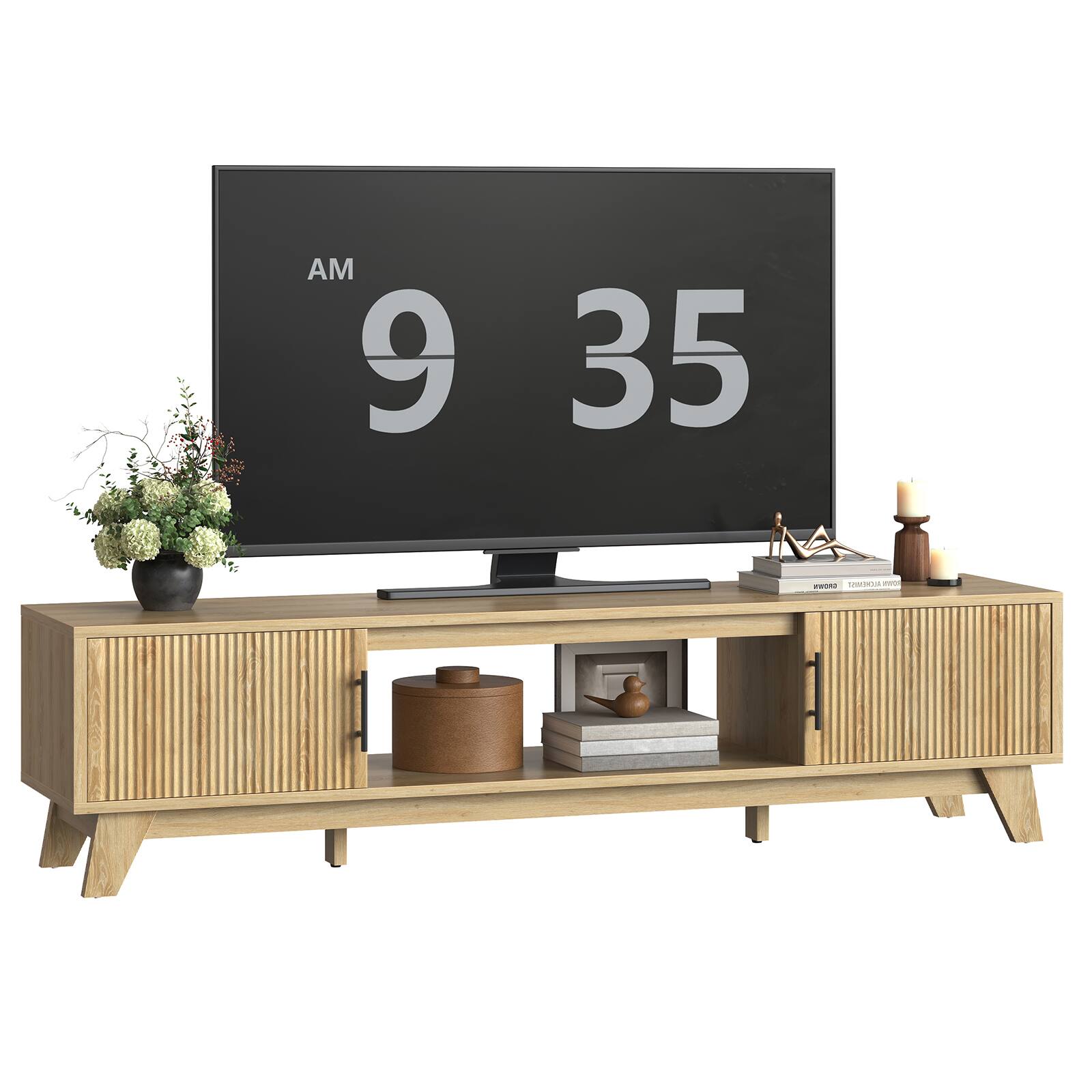 Alt View 5. Bestier - Fluted TV Stand for 75" TV, Modern Console Medium Entertainment Center with Storage Cabinet & Open Shelf - Oak.