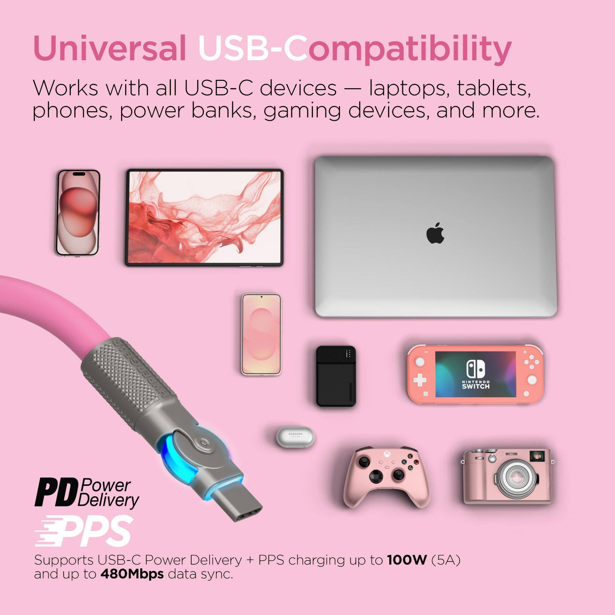 Universal USB-Compatibility  
Works with all USB-C devices — laptops, tablets, phones, power banks, gaming devices, and more.  

PD Power Delivery  
Supports USB-C Power Delivery + PPS charging up to 100W (5A) and up to 480Mbps data sync.