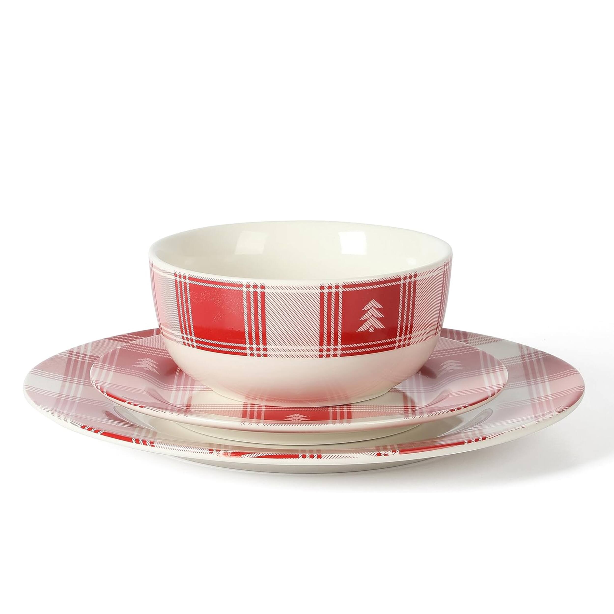 Alt View 1. Martha Stewart - Martha Stewart 12 Piece Plaid Decorated Round Stoneware Dinnerware Set in Red and White - Red and White.