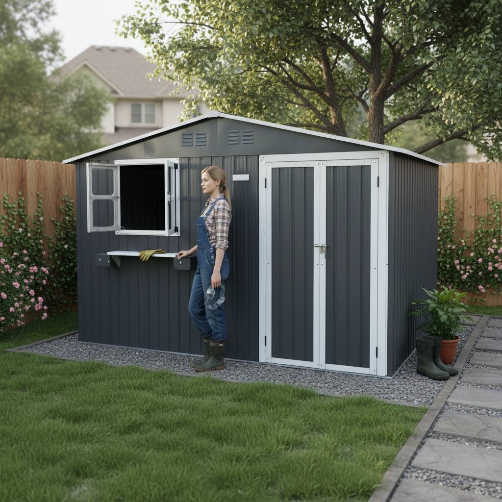 Alt View 10. Loheer - Loheer 10x8 Metal Storage Shed with Window Lockable Double Doors Waterproof Outdoor Garden Tool Shed Coal Gray.