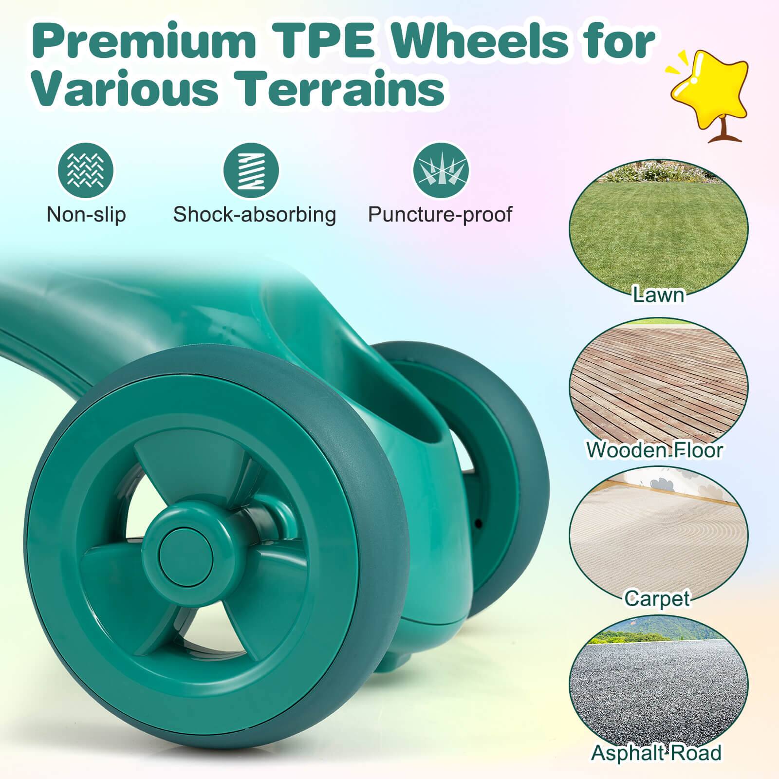Premium TPE Wheels for Various Terrains

- Non-slip
- Shock-absorbing
- Puncture-proof

Lawn  
Wooden Floor  
Carpet  
Asphalt Road