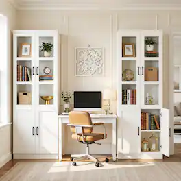 Aheaplus - 79.7'' Tall Freestanding Bookcase with Glass Doors and Adjustable Shelves, Set of 2 - White