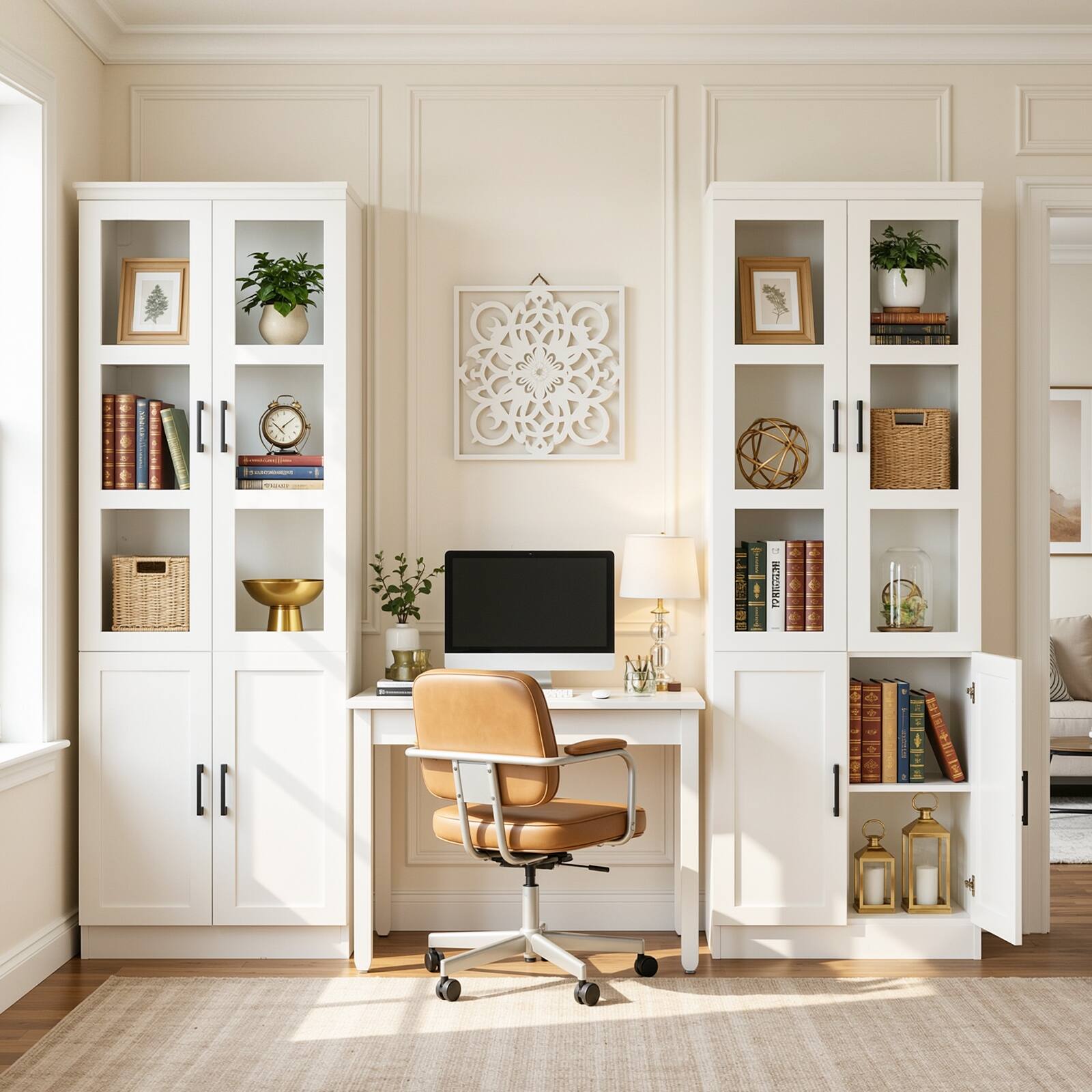 Left. Aheaplus - 79.7'' Tall Pantry Cabinet 2-Piece Set, 47.2'' Width Storage Cabinet with Glass Doors & Adjustable Shelves - White.