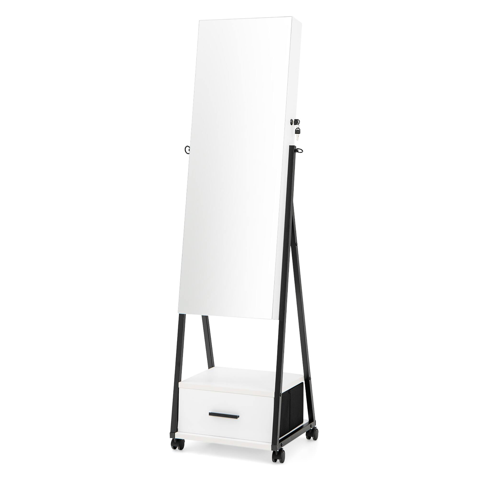 Alt View 2. Costway - Jewelry Cabinet Armoire Full Length Mirror Lockable w/ Bottom Drawer & Wheels White - White.