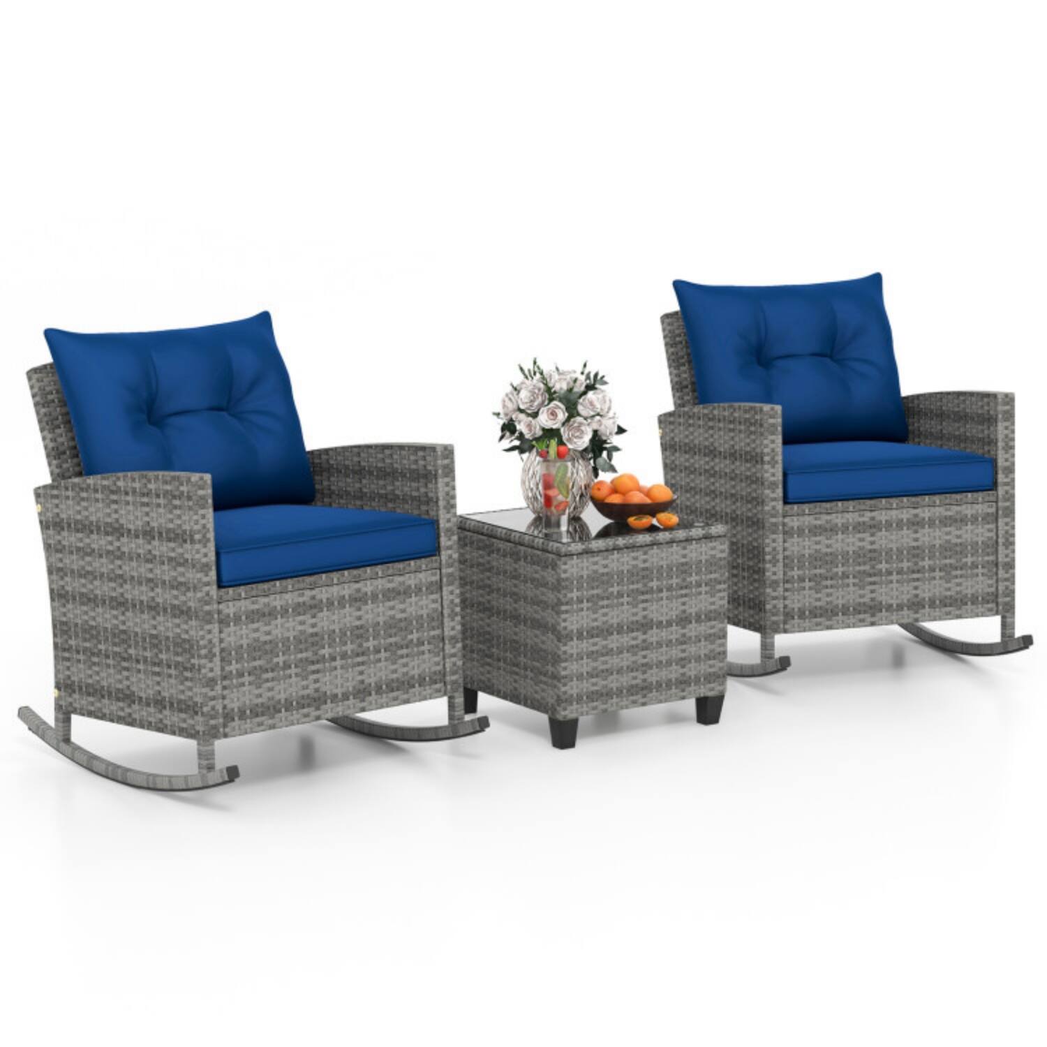 Alt View 4. Mondawe - 31.5 x 26 x 31.5 IN Freestanding Patio Rattan Rocker Chairs Set with Table and Cushions 3-Piece - Dark Blue+Mix Brown.